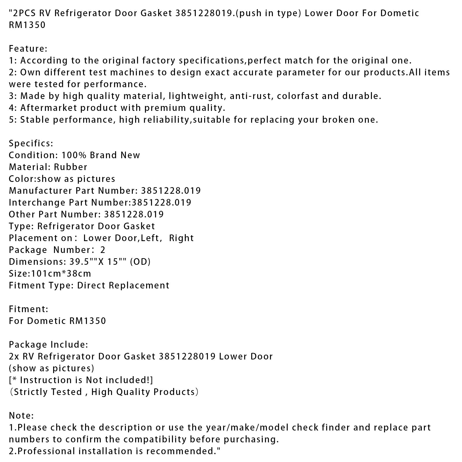 Lot de 2 joints de porte de réfrigérateur pour camping-car 3851228019, porte inférieure pour Dometic RM1350