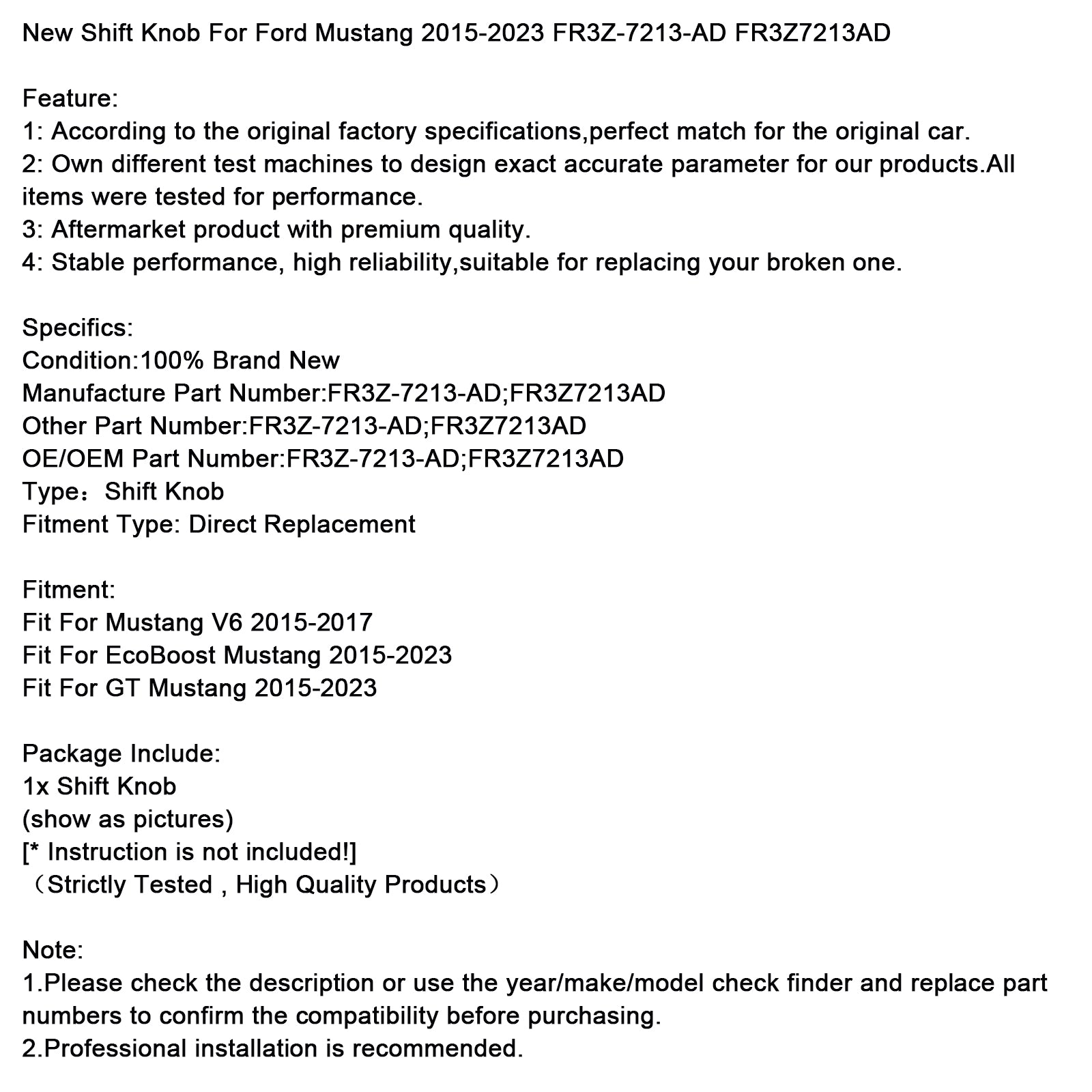 Nouveau pommeau de levier de vitesses pour Ford Mustang 2015-2023 FR3Z-7213-AD FR3Z7213AD