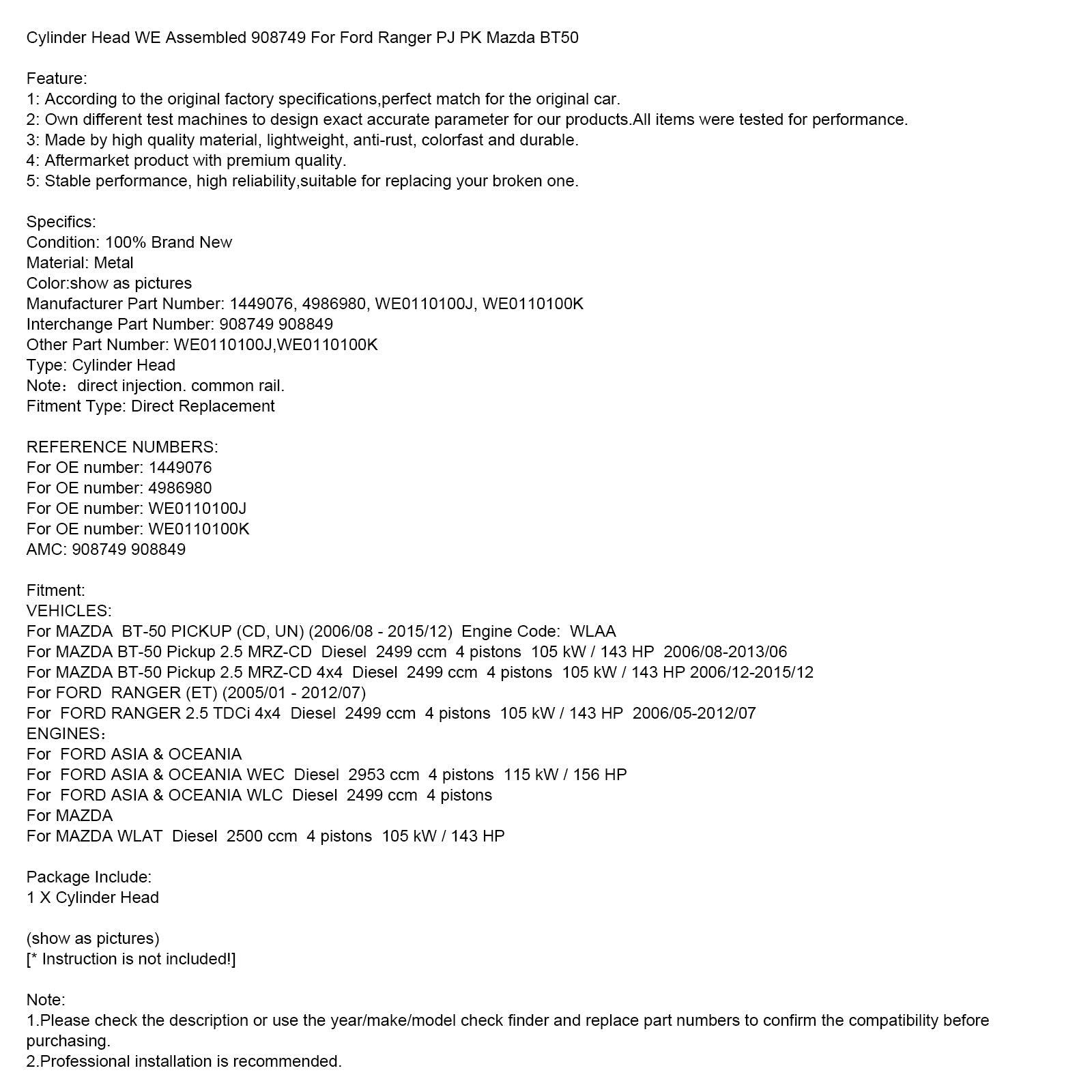 Zespół głowicy cylindrów silnika 908749 dla Forda Ranger PJ PK, Mazda BT-50 S1, 2,5L Diesel Wlaa