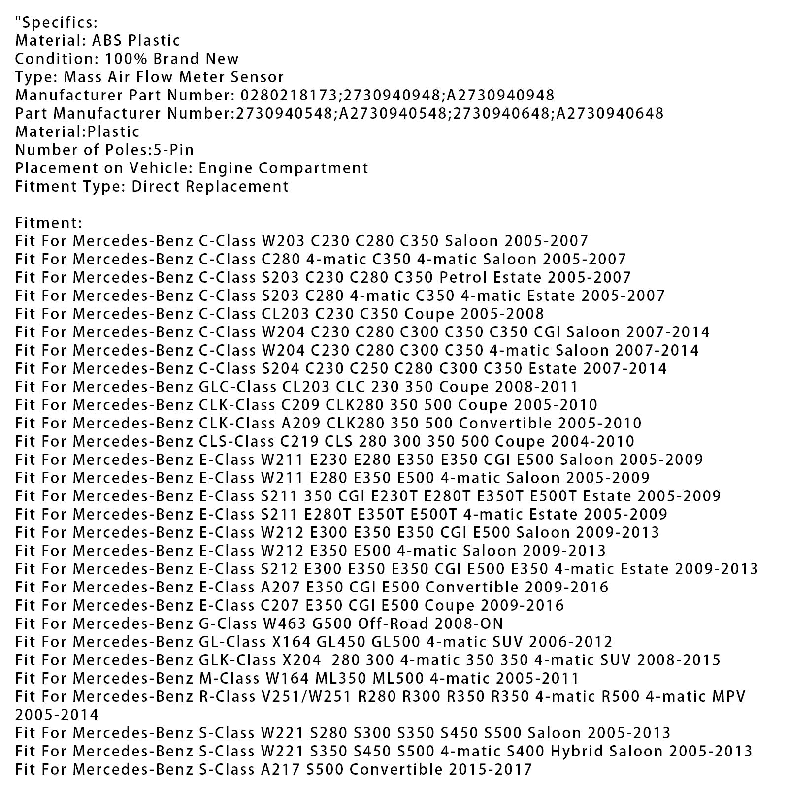 Sensore del misuratore di portata d'massa d'aria per Mercedes-Benz E350 C280 C350 ML350 0280218173