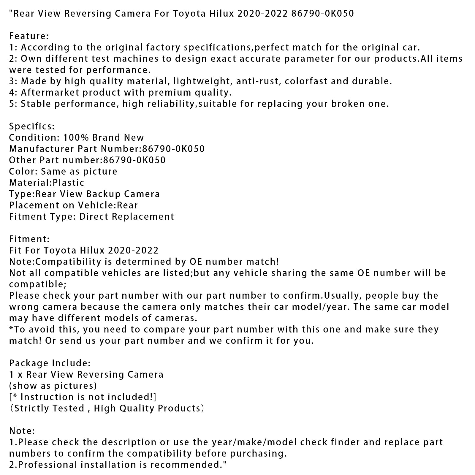 Caméra de recul pour Toyota Hilux 2020-2022 (référence 86790-0K050)