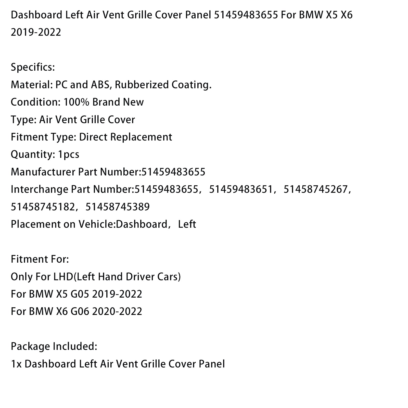Rejilla de ventilación izquierda del salpicadero para BMW X5 G05 (2019-2022) - Número de pieza de la cubierta: 51459483655