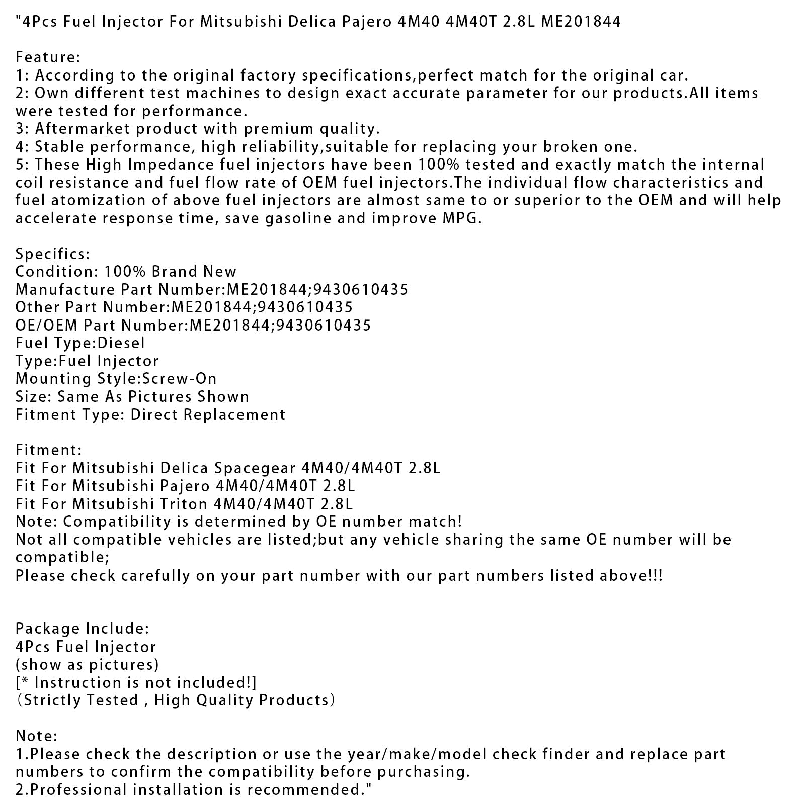 4 iniettori di carburante per Mitsubishi Delica Pajero 4M40 4M40T 2.8L ME201844