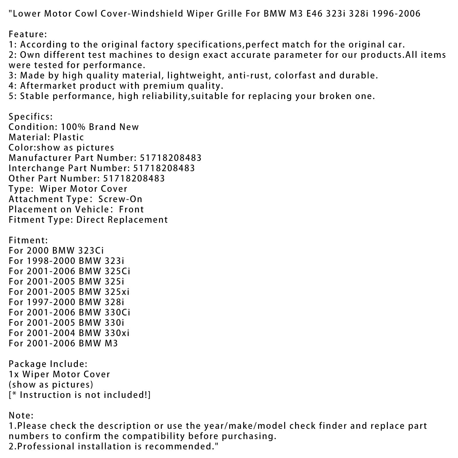 Grid de billete de cubierta del capó del motor inferior para BMW 325I 2001-2005 51718208483