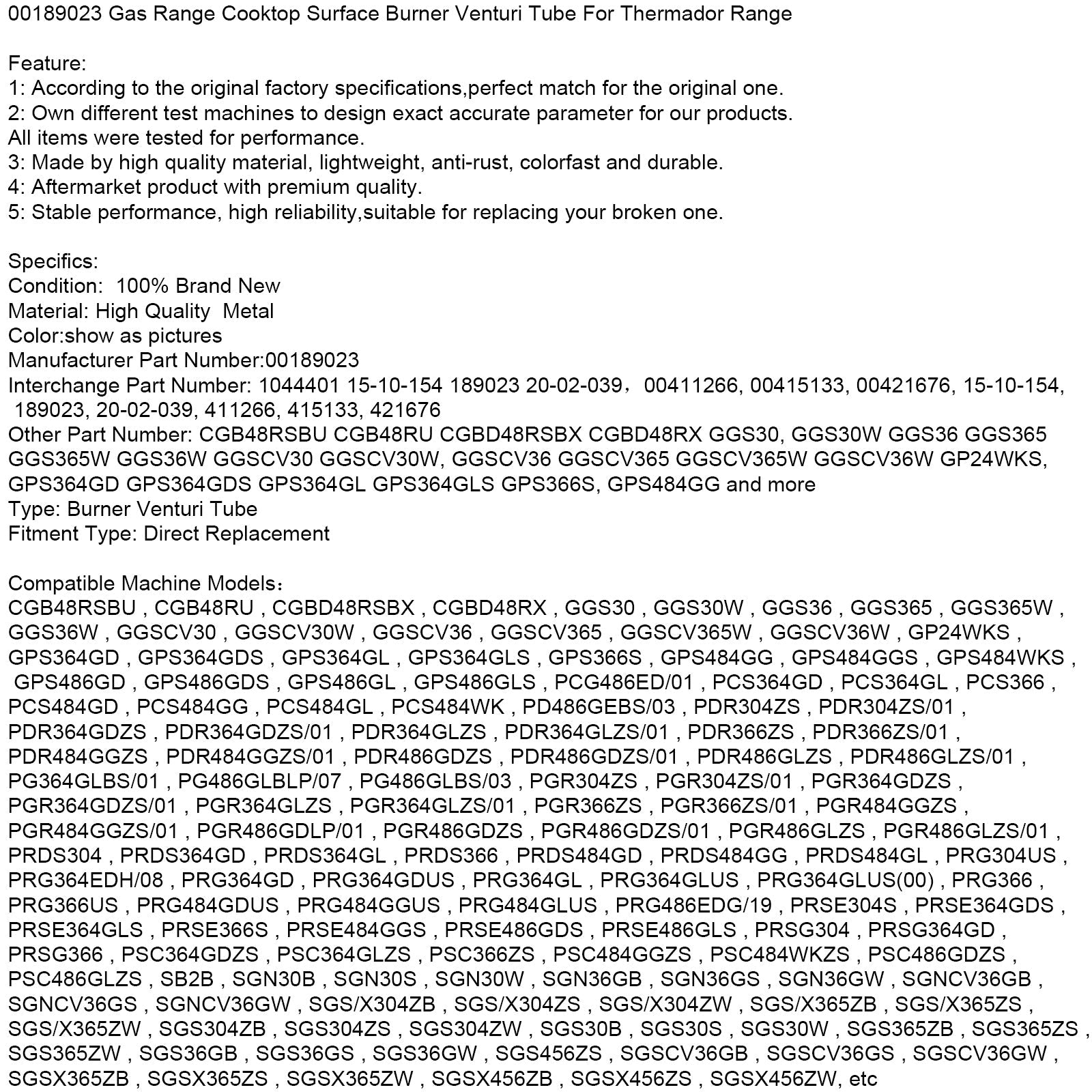 Tubo Venturi para quemador de la superficie de la estufa de gas Thermador (00189023)