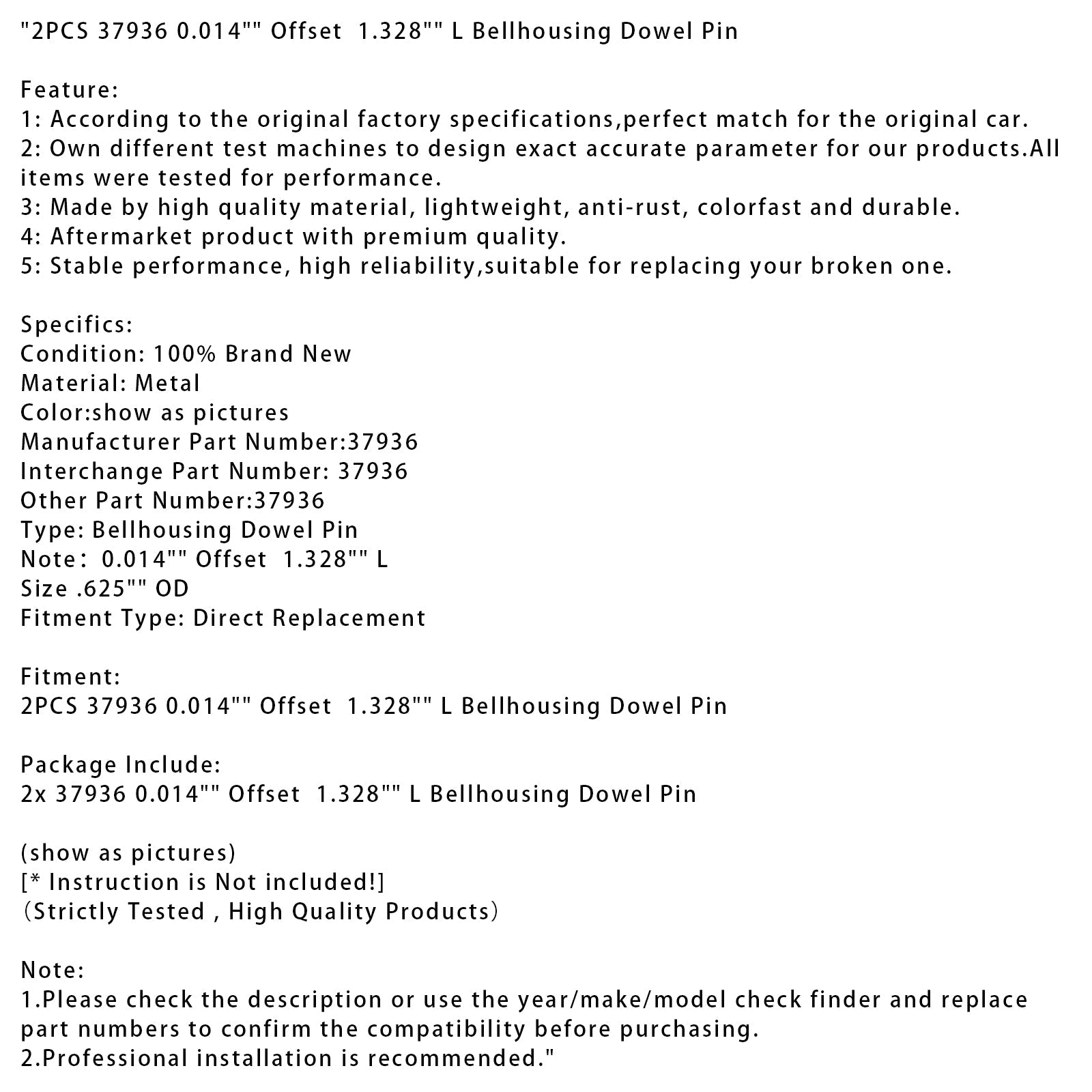 2 perni di centraggio del basamento'frizione 37936, offset 0,014, lunghezza 1,328