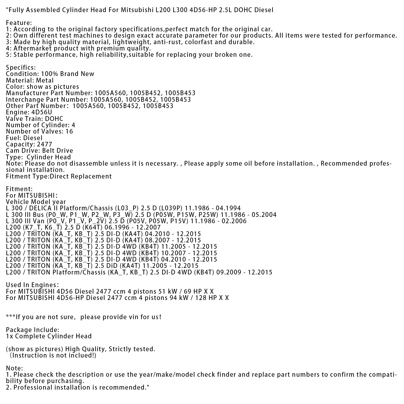 Nova glava cilindra motorja - Original Ref: 1005A560, 1005B452, 1005B453 - Združljiv Mitsubishi 4D56 4D56-HP 2.5L Diesel 16 ventilov