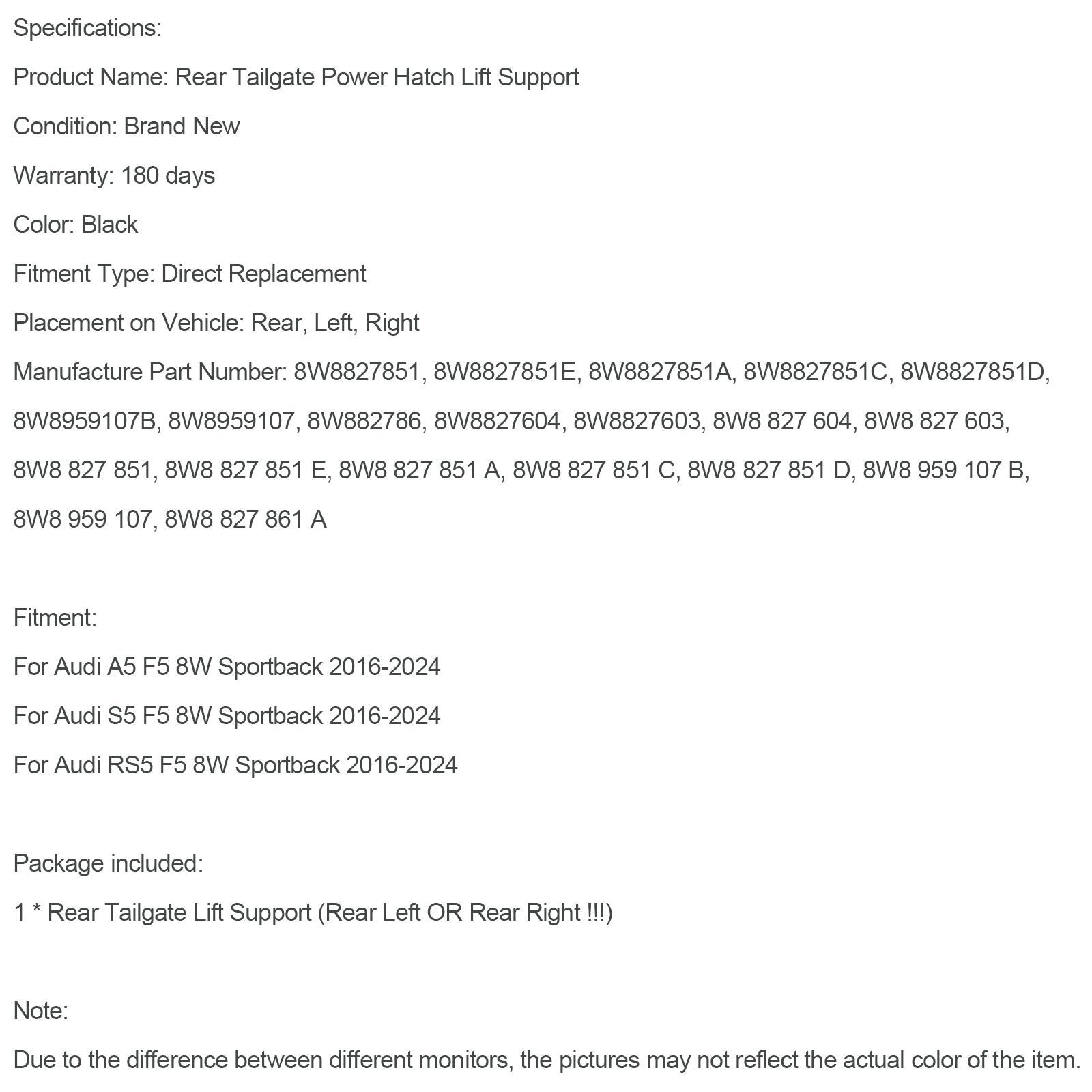 1 vérin de hayon électrique 8W8827851 compatible avec Audi A5 Sportback 2016-2024 8W8959107