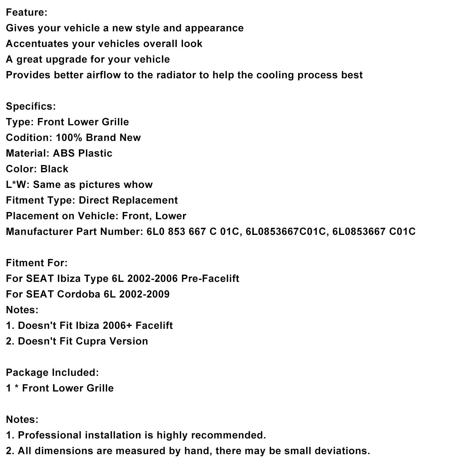 Lagere rooster vooraan voor stoel Cordoba 6l 2002-2009