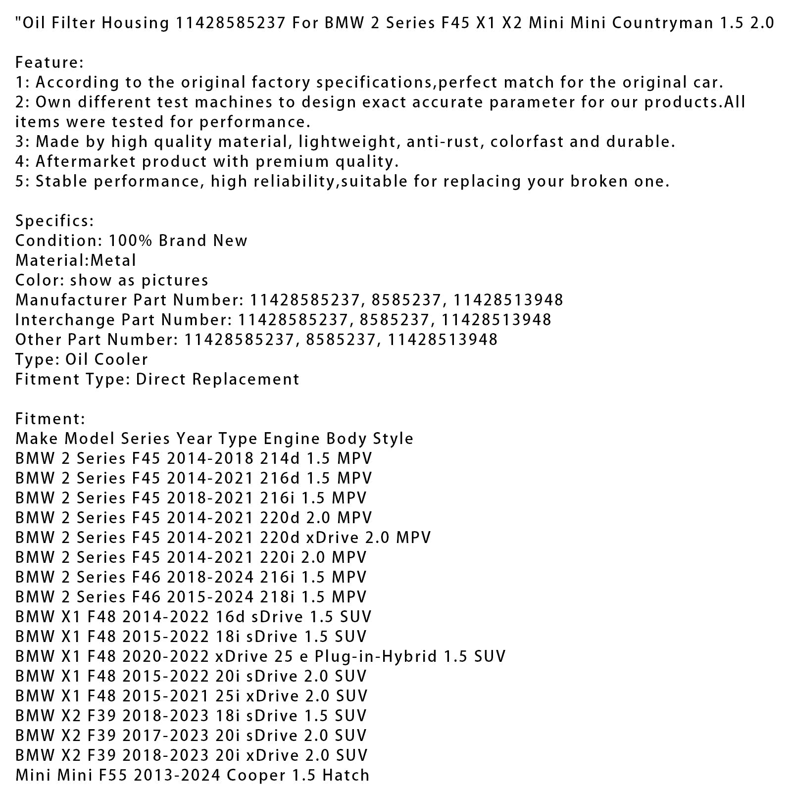 Filtr oleju dla mini Mini Clubman F54 Cooper S All4 2.0 Estate 2015-2024 11428585237 11428513948