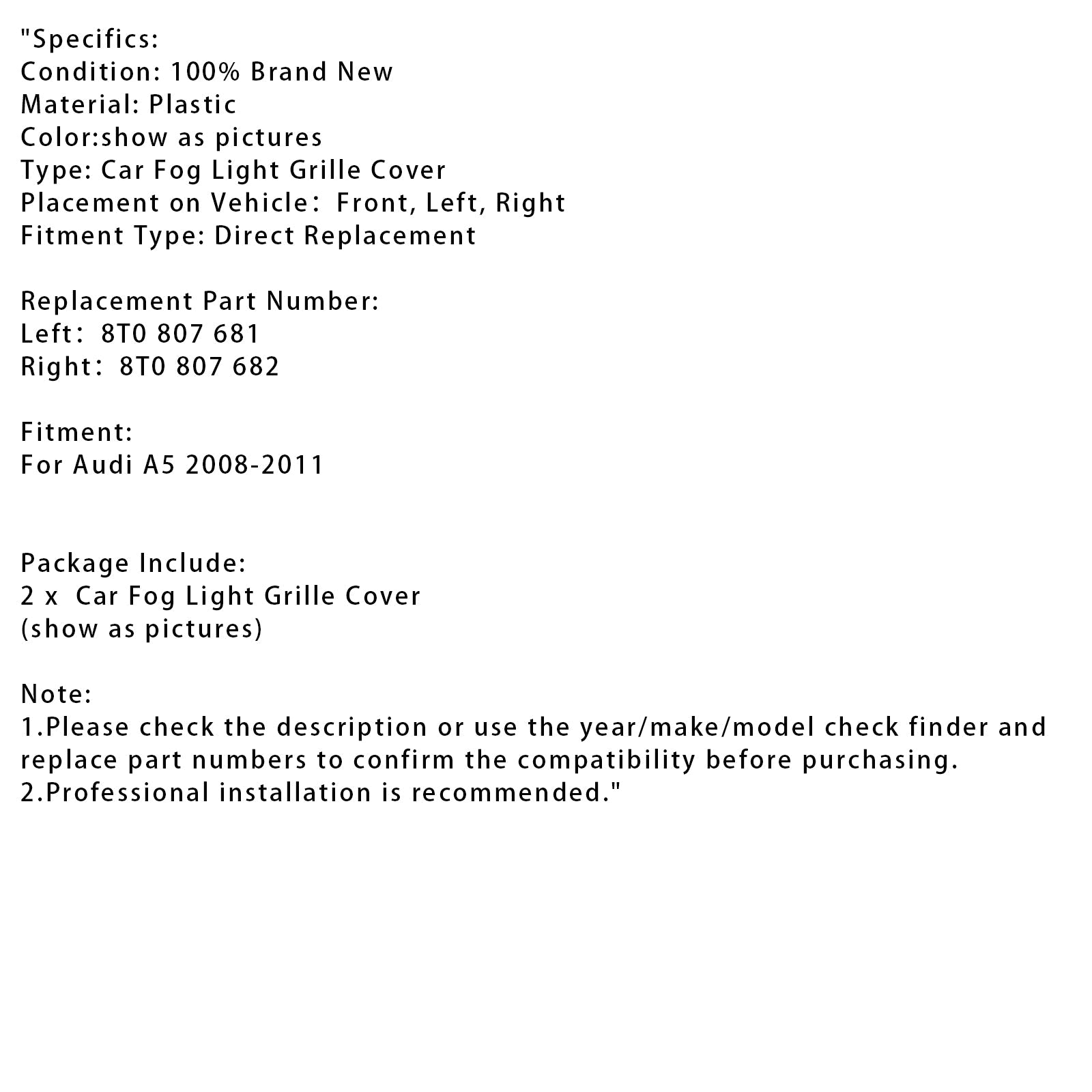 Paar mistlichten roosters voor Audi A5 2008-2011 8T0 807 682 8T0 807 681