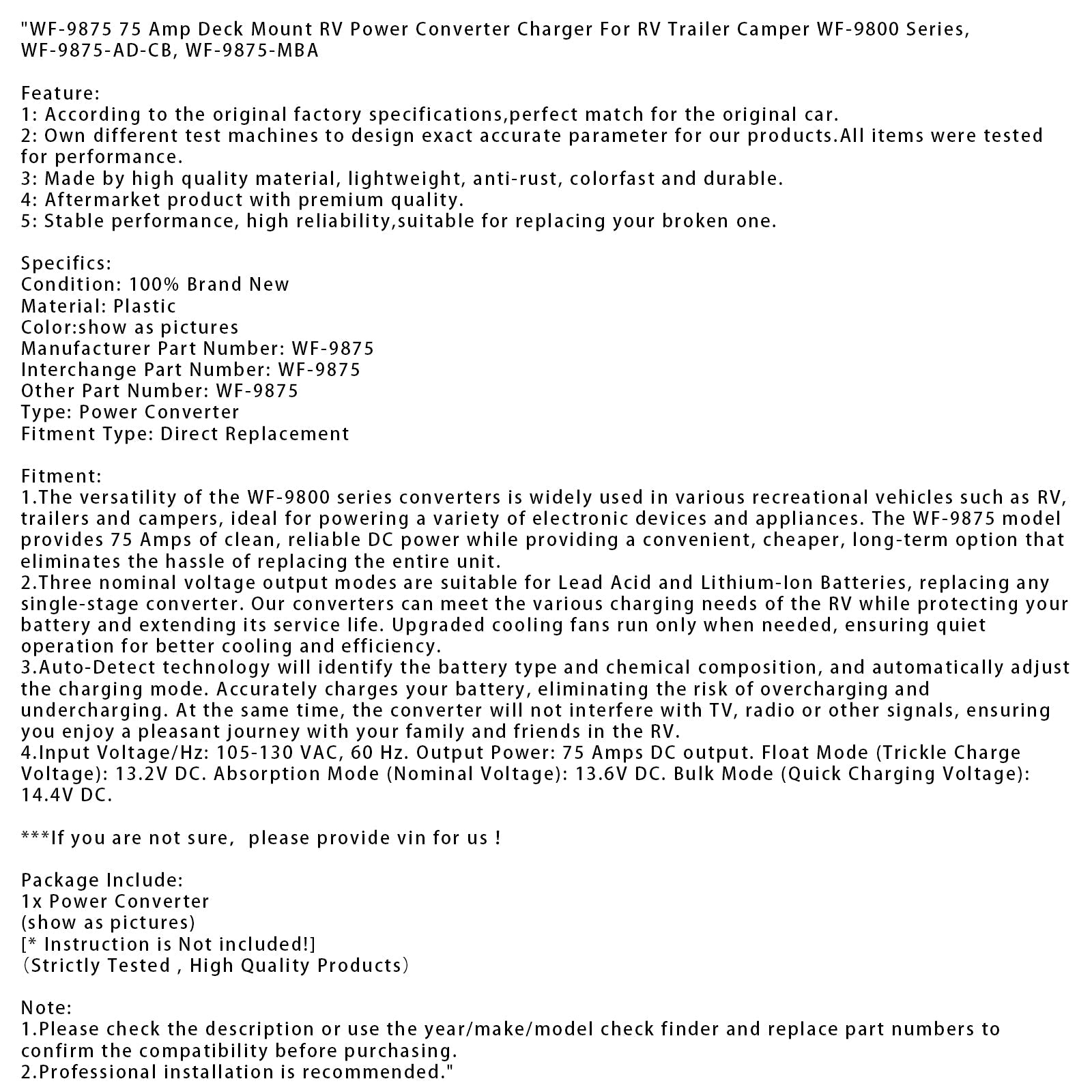 Chargeur convertisseur WF-9875, sortie CC 75 A, montage sur pont