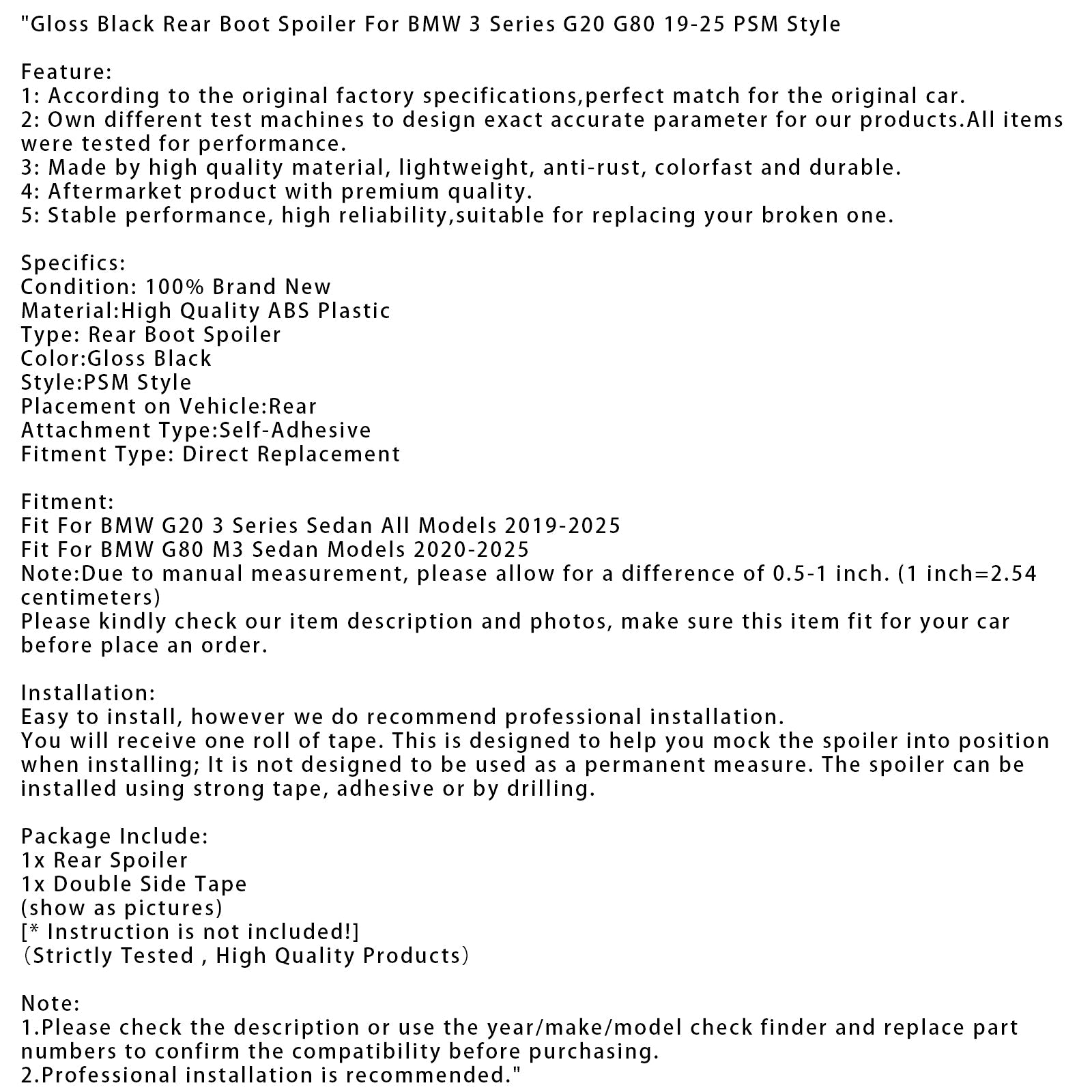 Czarny błyszczący tylny spoiler bagażnika do BMW serii 3 G20 G80 19-25, styl PSM