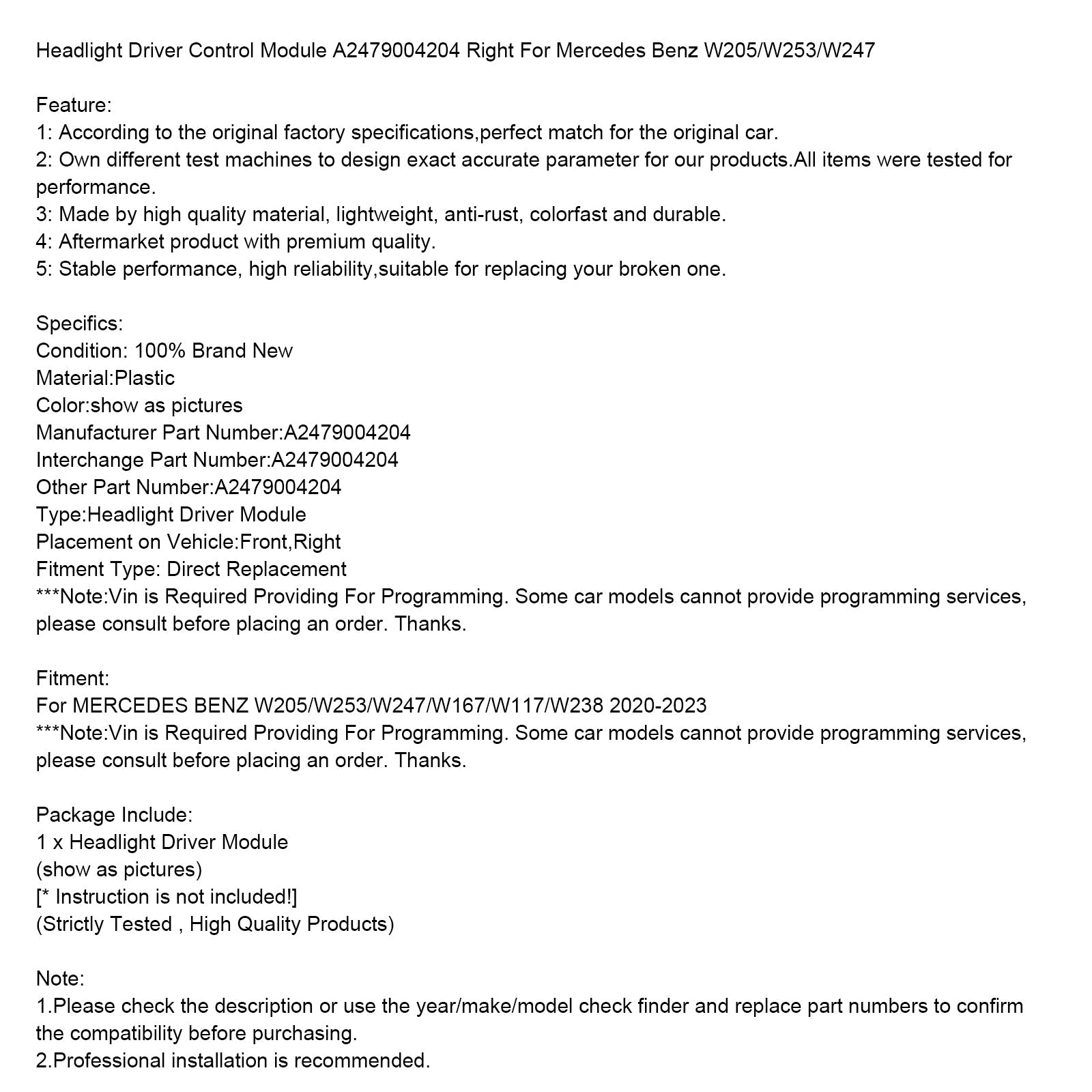 Moduł sterujący reflektora prawego A2479004204 do Mercedes-Benz W205/W253/W247/W167/W117/W238 (2020-2023)