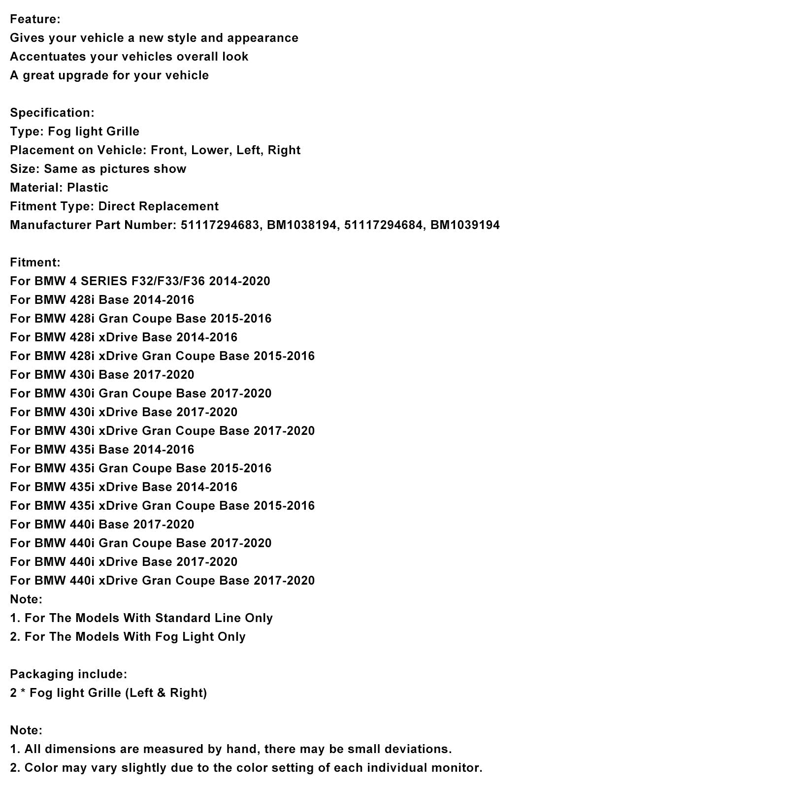 Grille de protection pour phare antibrouillard BMW Série 4 F32 428i 2014-2020