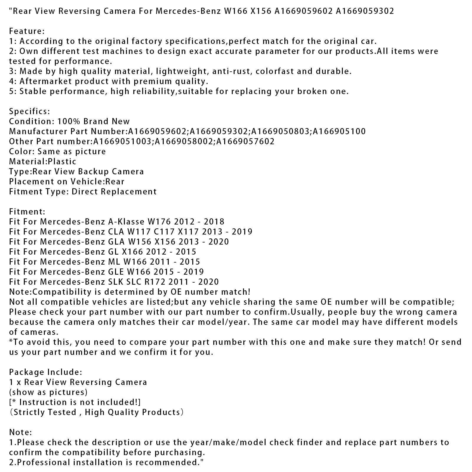 Telecamera posteriore per Mercedes-Benz GLE W166 (2015-2019) - Riferimenti : A1669059602 e A1669059302