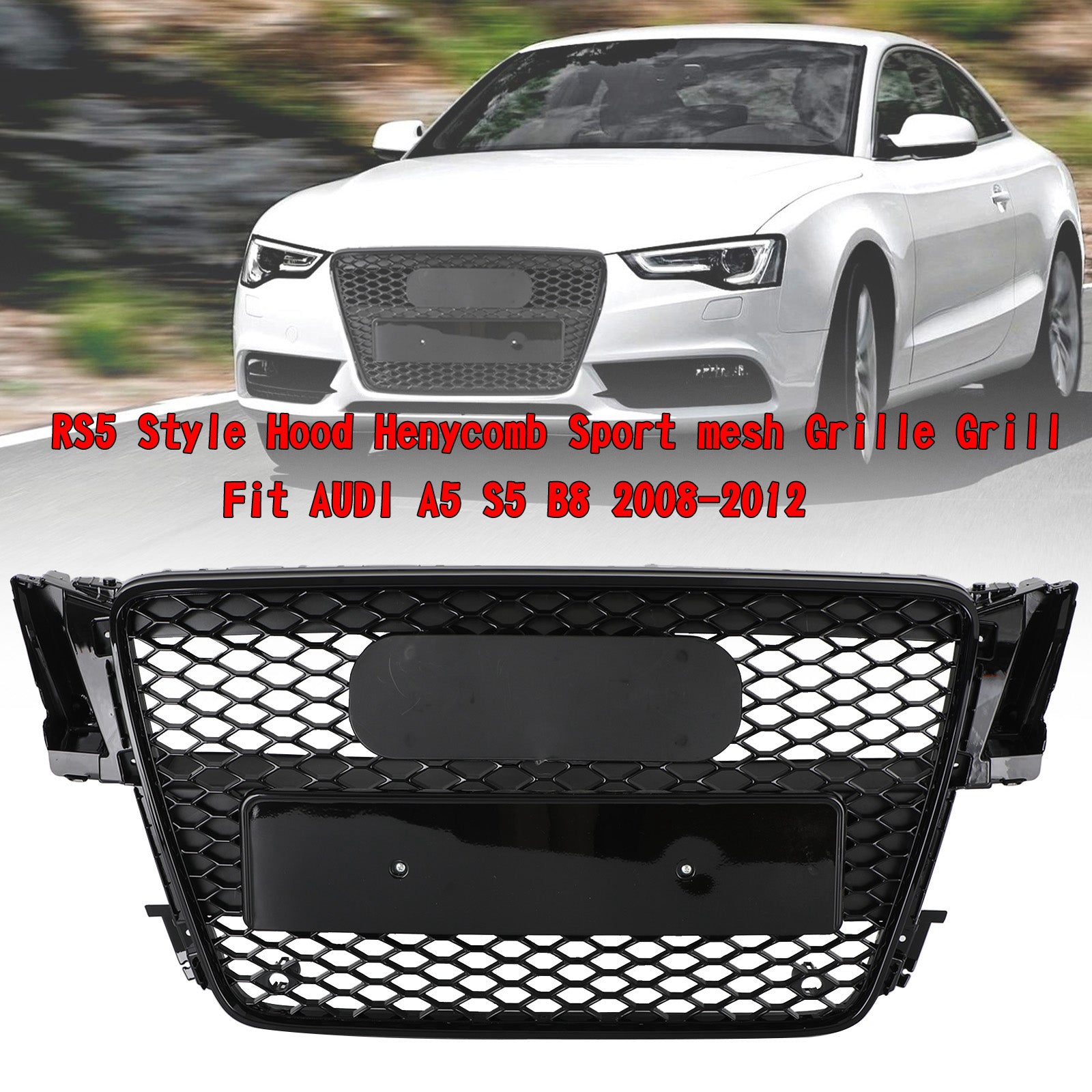 RS5 Style Hood Henycomb Sport mesh Grille Grill Fit AUDI A5 S5 B8 2008-2012