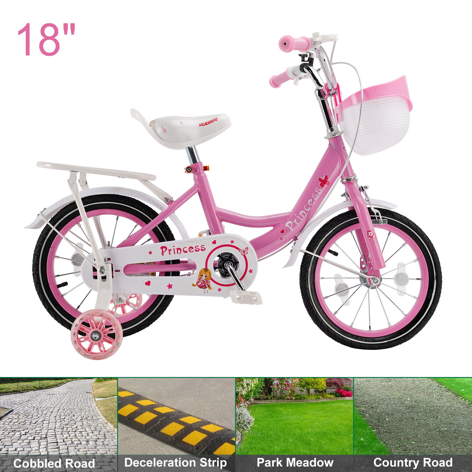 Bicicleta de princesa evolutiva de 18 pulgadas - Manejo ajustable y silla de montar - rosa y morado - Garantía