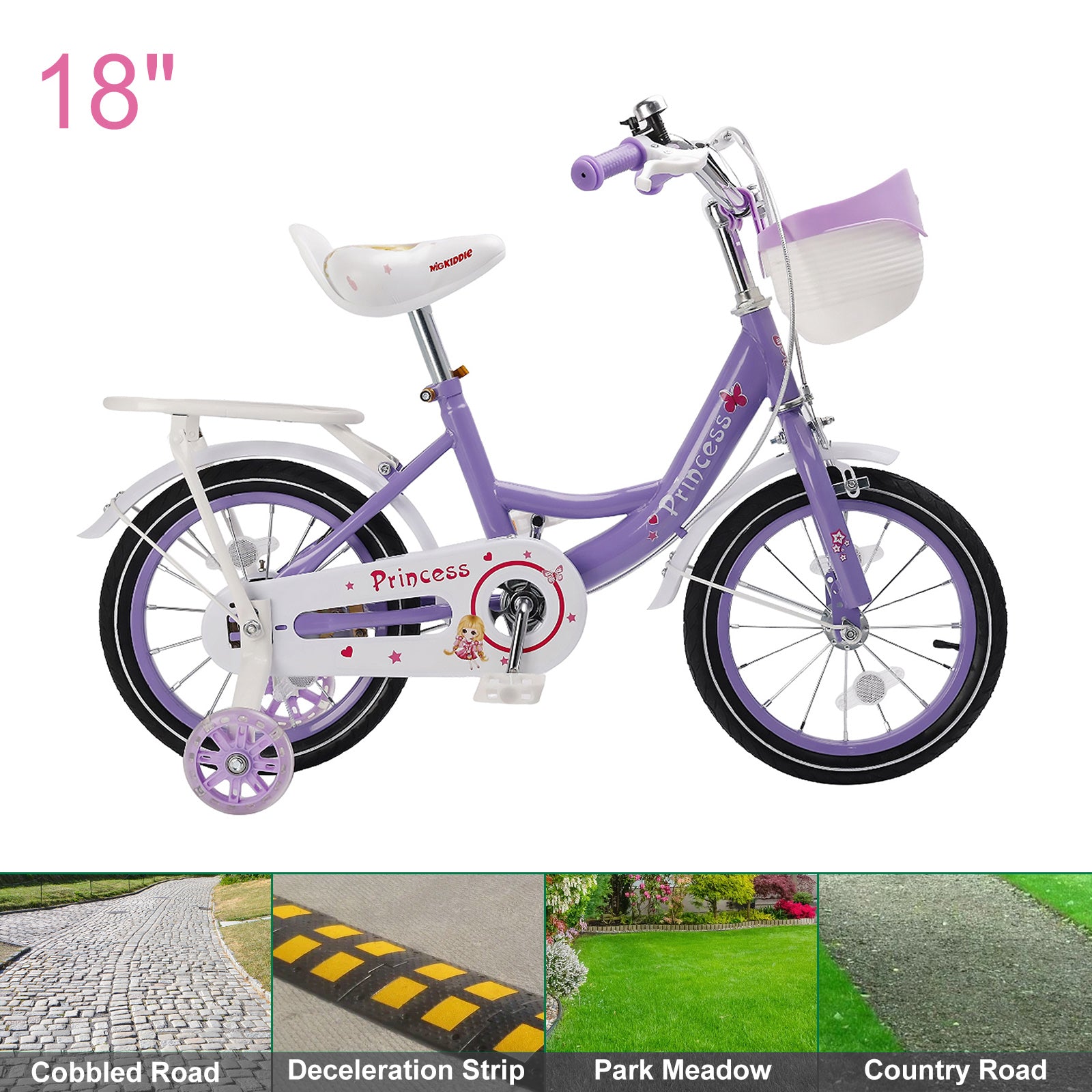 Bicicleta de princesa evolutiva de 18 pulgadas - Manejo ajustable y silla de montar - rosa y morado - Garantía