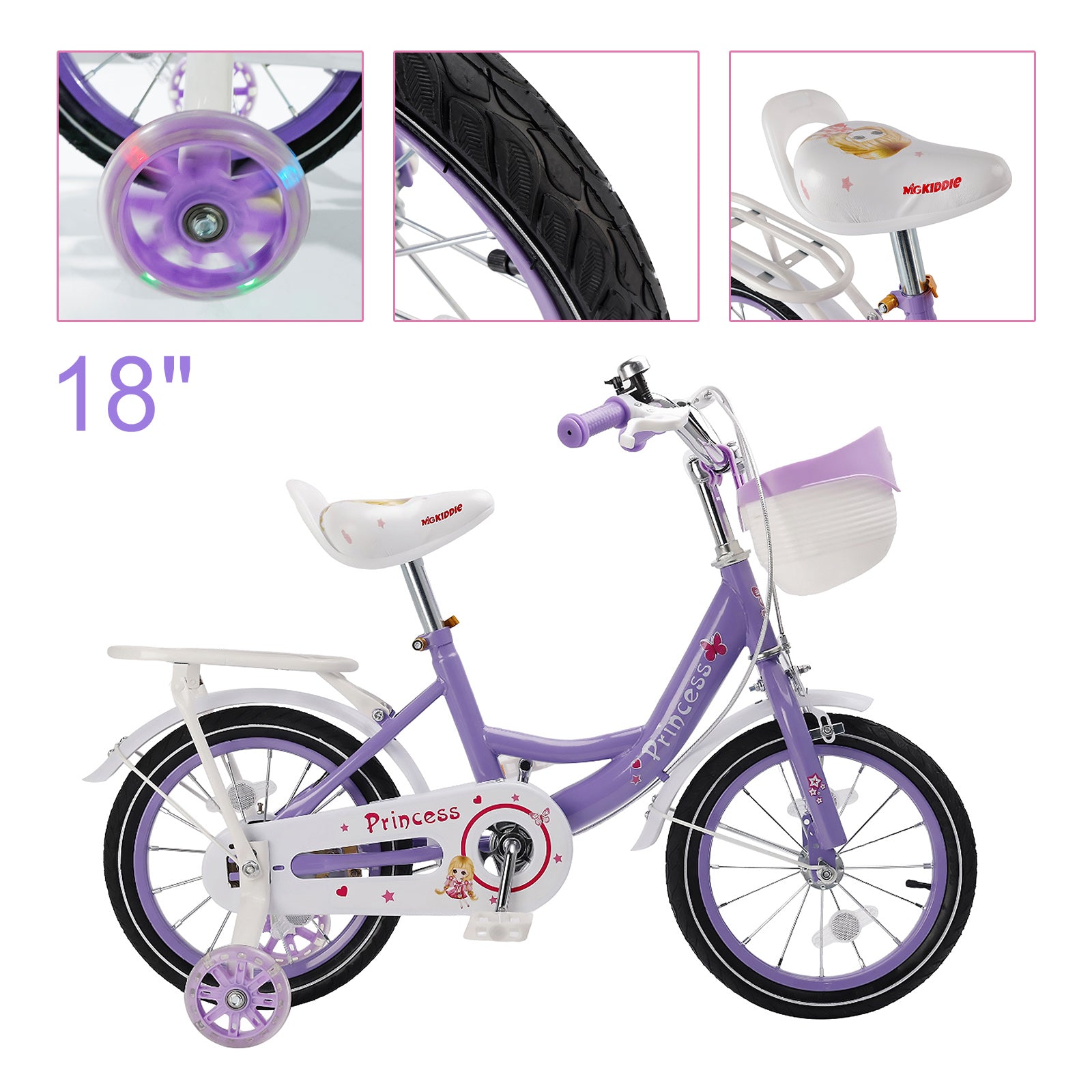 Bicicleta de princesa evolutiva de 18 pulgadas - Manejo ajustable y silla de montar - rosa y morado - Garantía