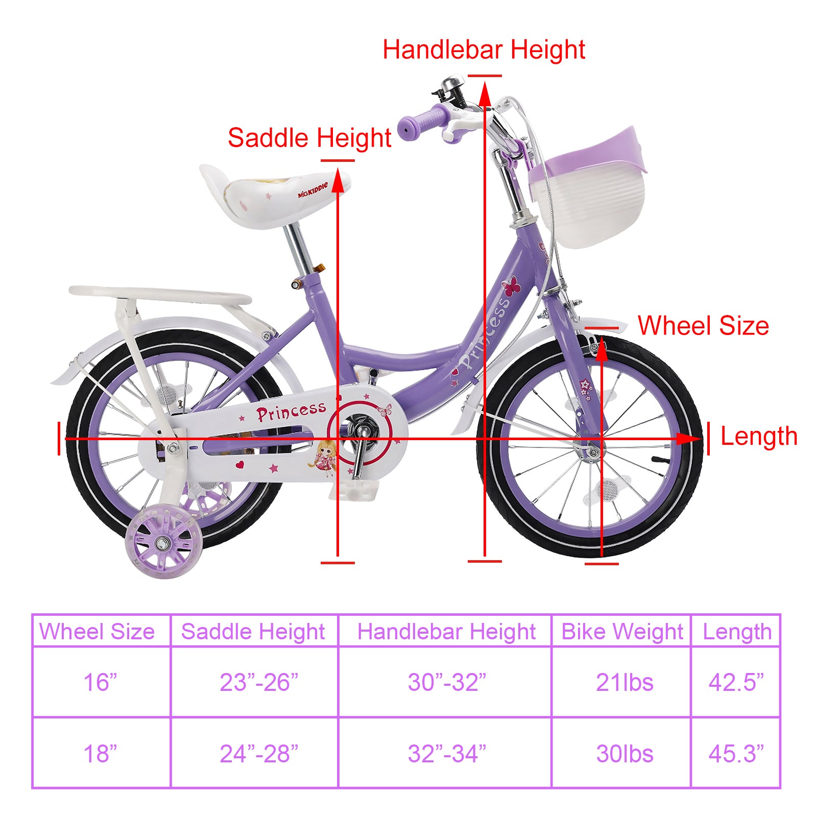 Bicicleta de princesa evolutiva de 18 pulgadas - Manejo ajustable y silla de montar - rosa y morado - Garantía
