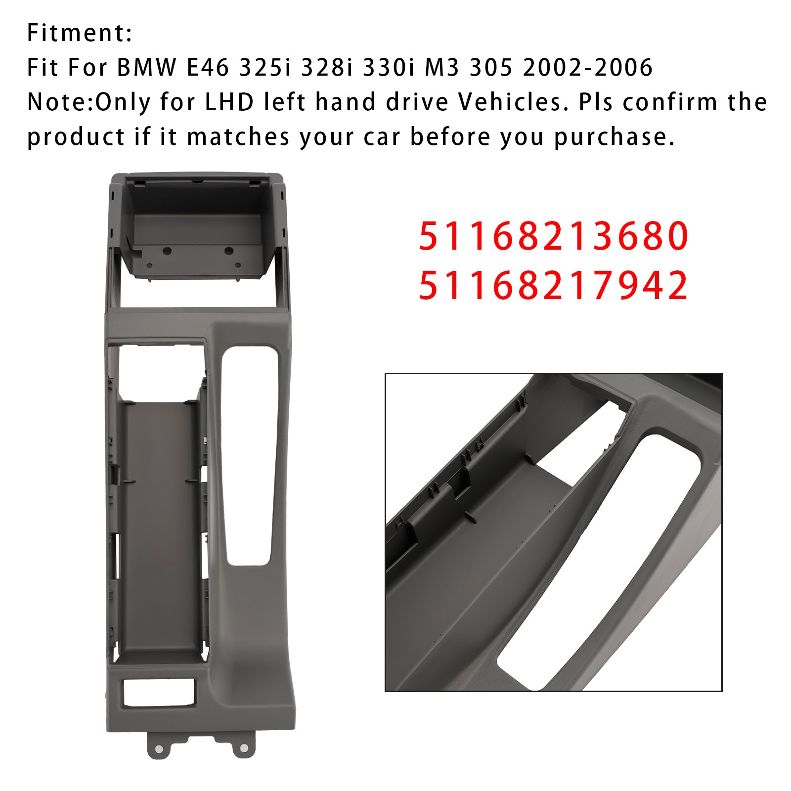 Garniture de Repose-bras de Console Centrale Grise pour BMW E46 325i 328i 02-06 51168213680