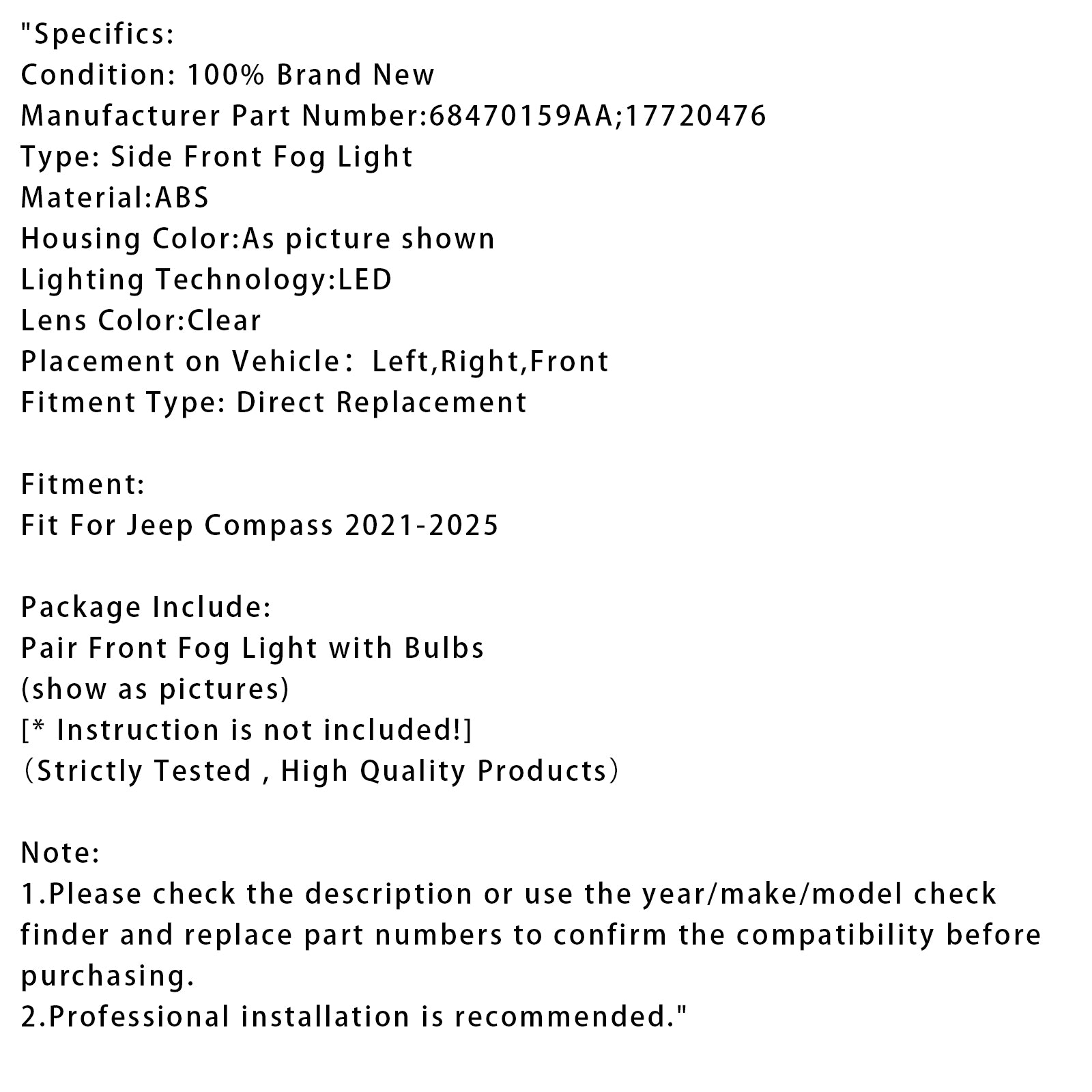 Par de luces antiniebla LED antes de Jeep Compass 2021-2025 68470159AA