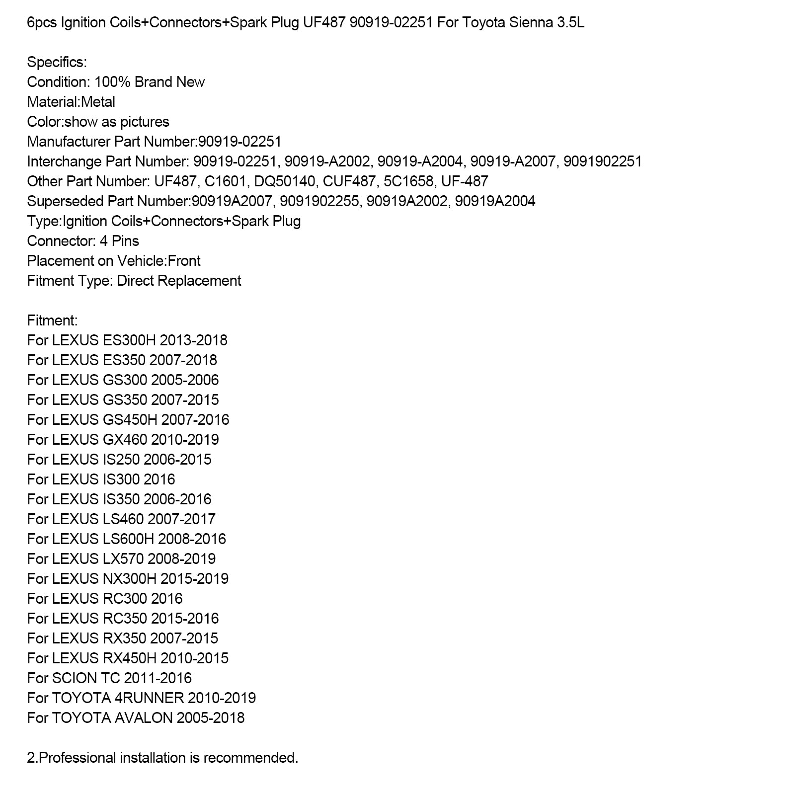 Kit 6 Bobinas de encendido para Lexus RX350 2007-2015 - Incluye conectores y velas - Ref Origin 90919-02251
