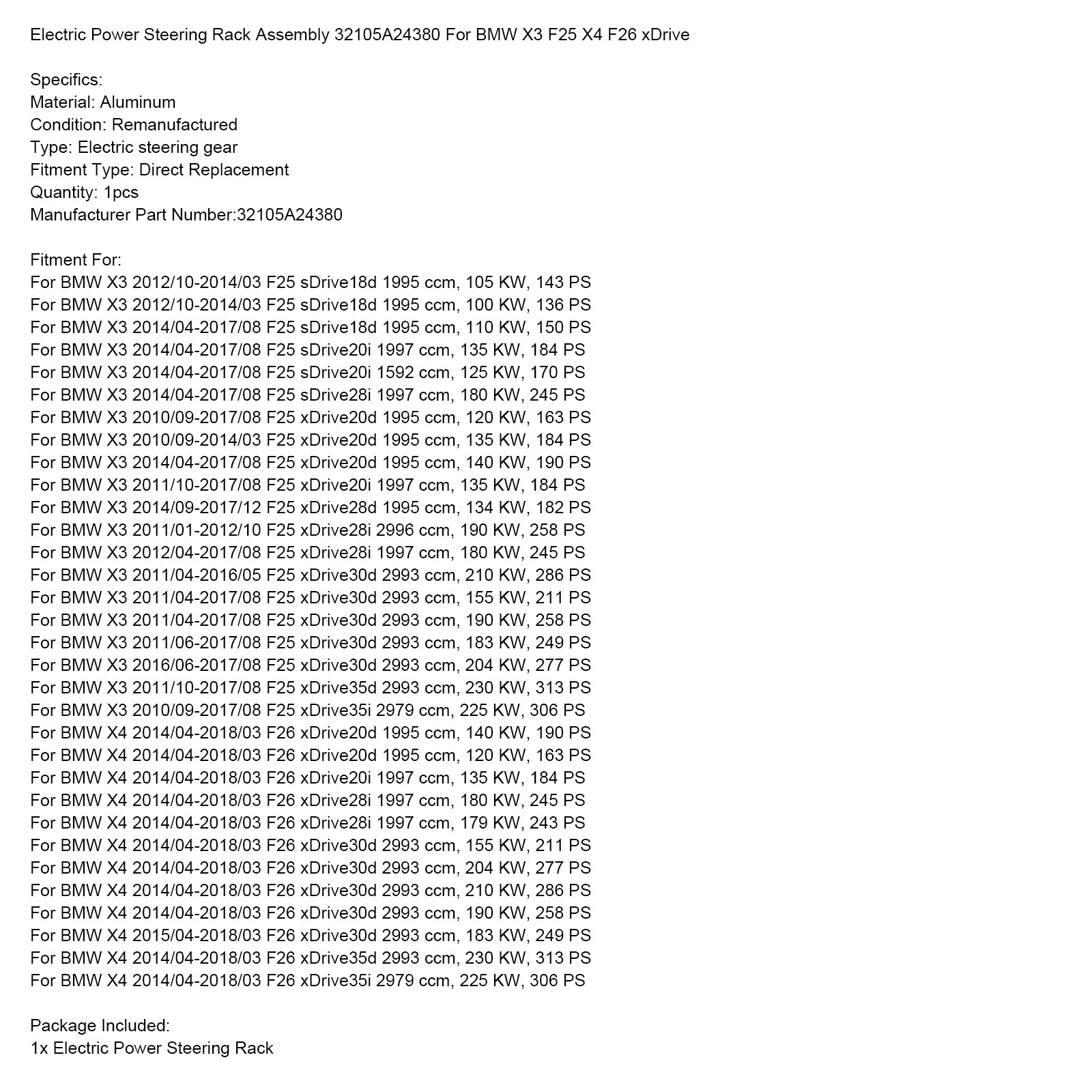Sähköinen ohjaustehostinkokoonpano BMW X3 F25, X4 F26 - Alkuperäinen osa 32105A24380