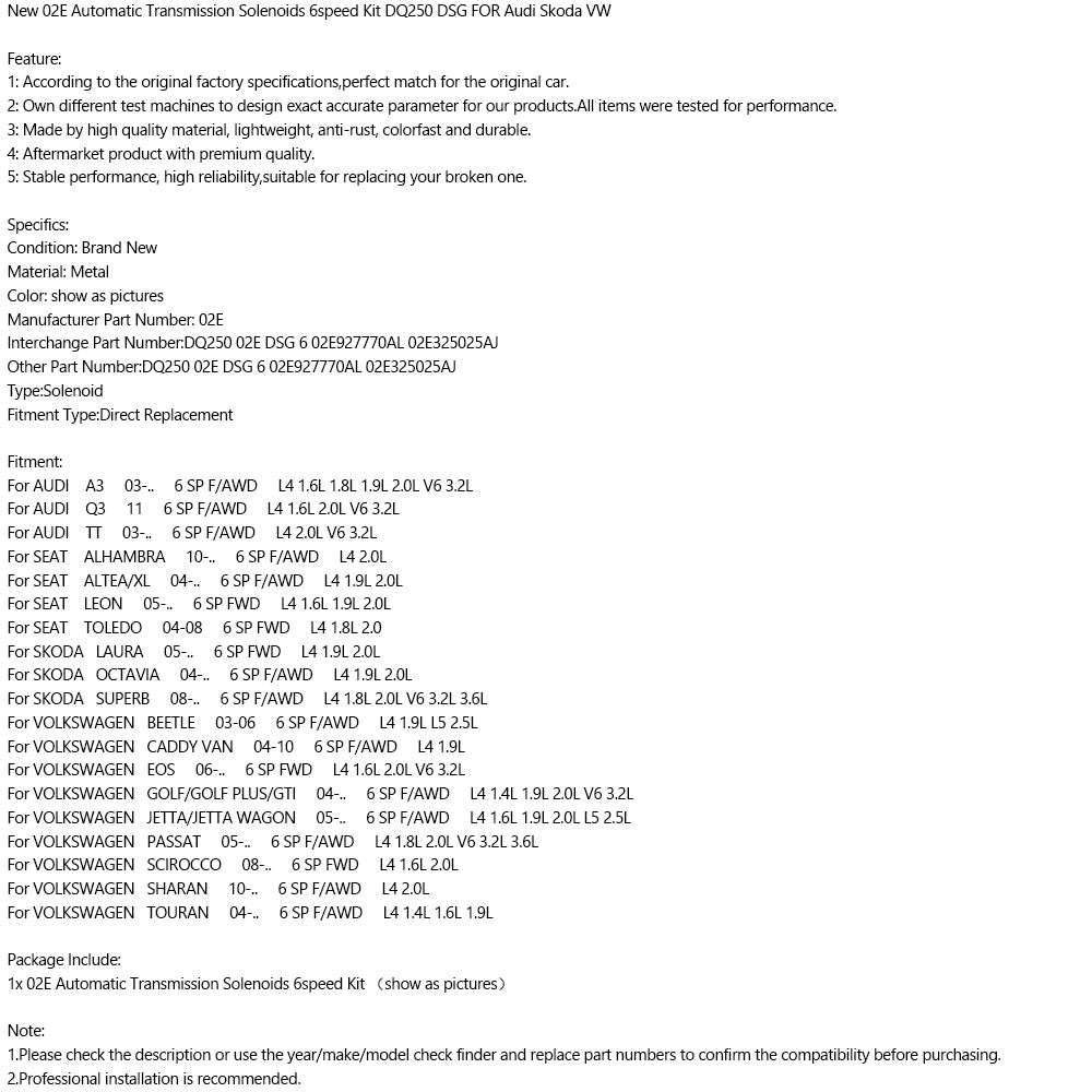 Nouveau Kit de solénoïdes de Transmission automatique 02E 6 vitesses DQ250 DSG pour Audi Skoda VW Fedex Express