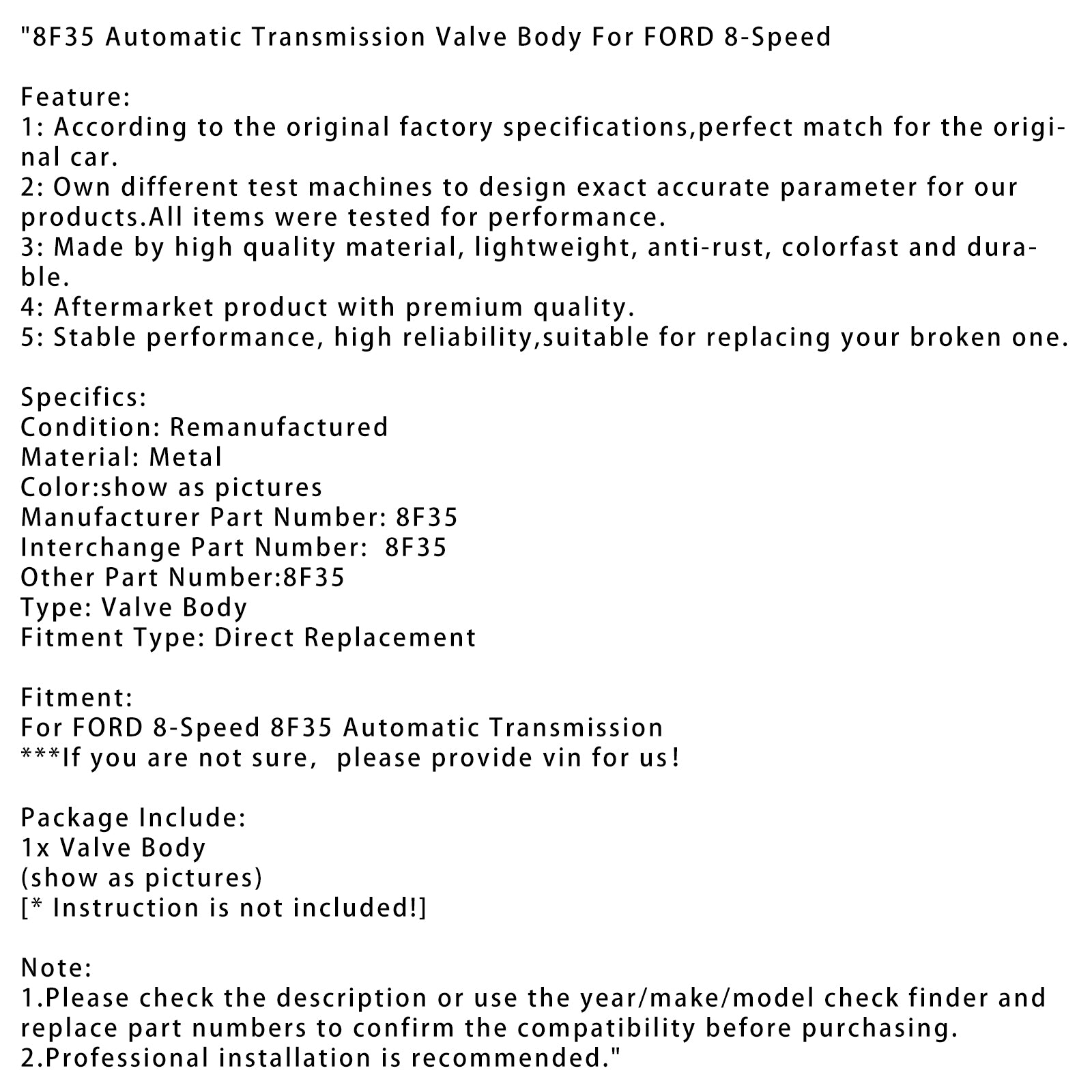 Korpus zaworu 8-biegowej automatycznej skrzyni biegów Ford 8F35