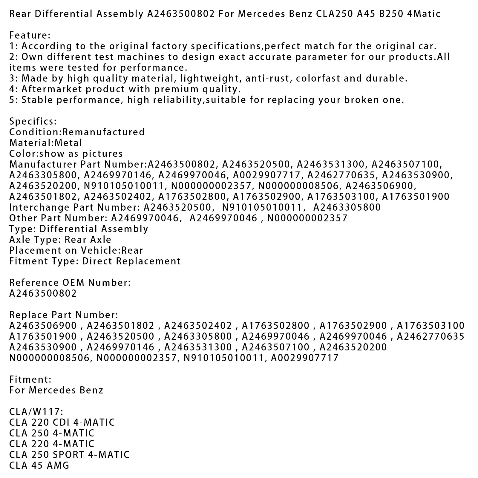 Tylny zestaw różnicowy A2463500802 dla Mercedes Benz CLA250 A45 B250 4MATIC