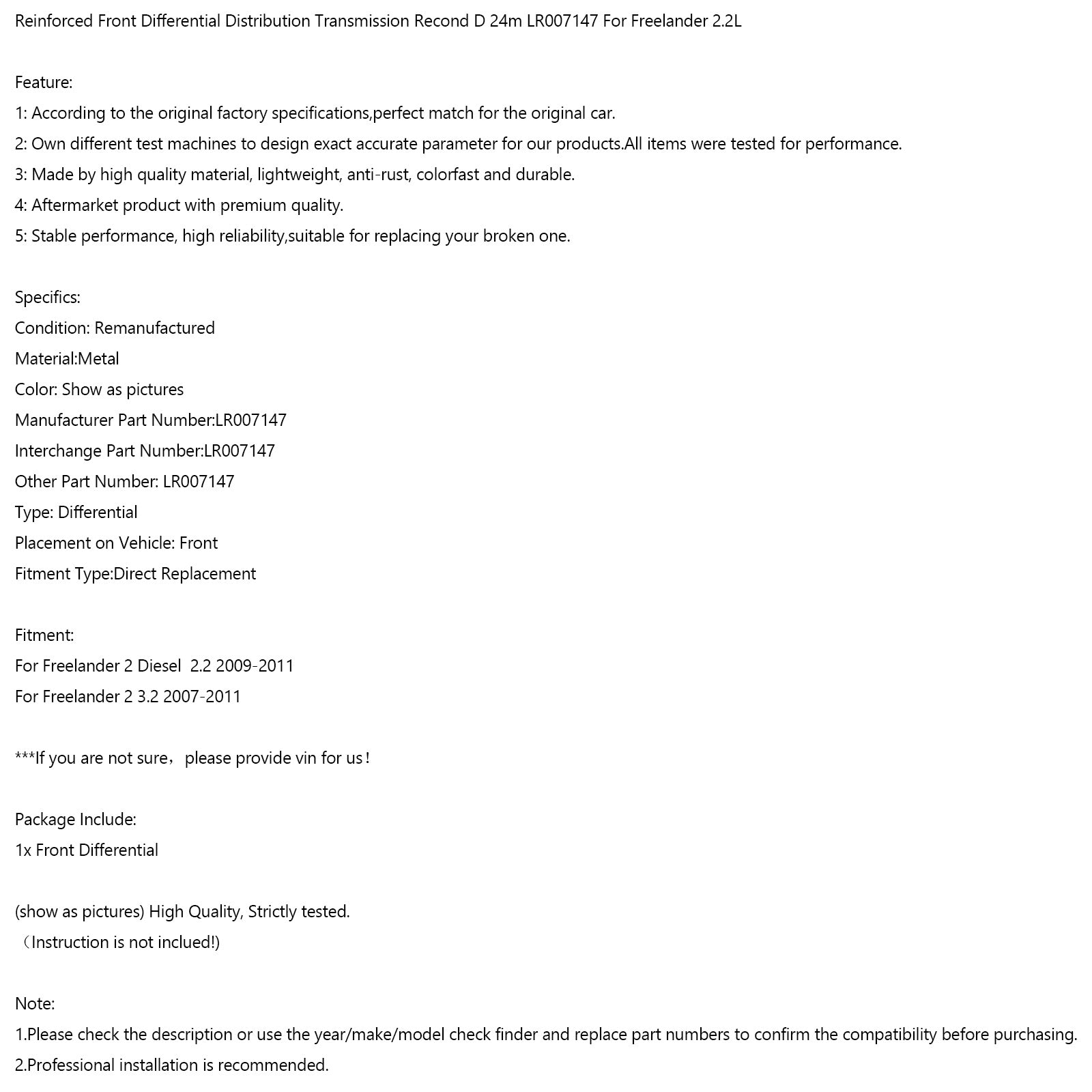 Differentiaalivaihteisto ennen LR007147 Range Rover Evoque 2012-2016 - kunnostettu
