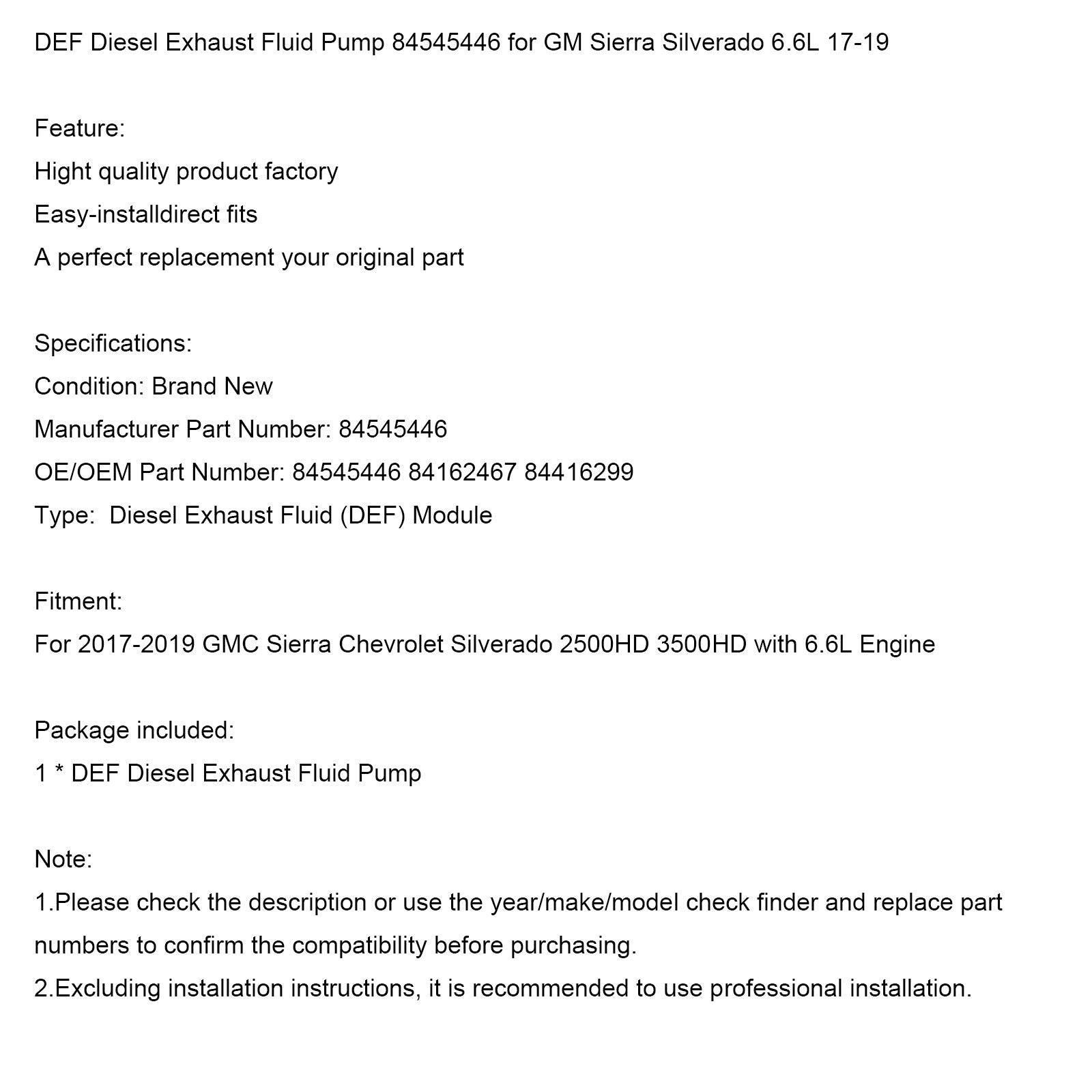 Bomba de líquido de escape diésel GM Sierra Silverado 6.6L 2017-2019 DEF 84545446