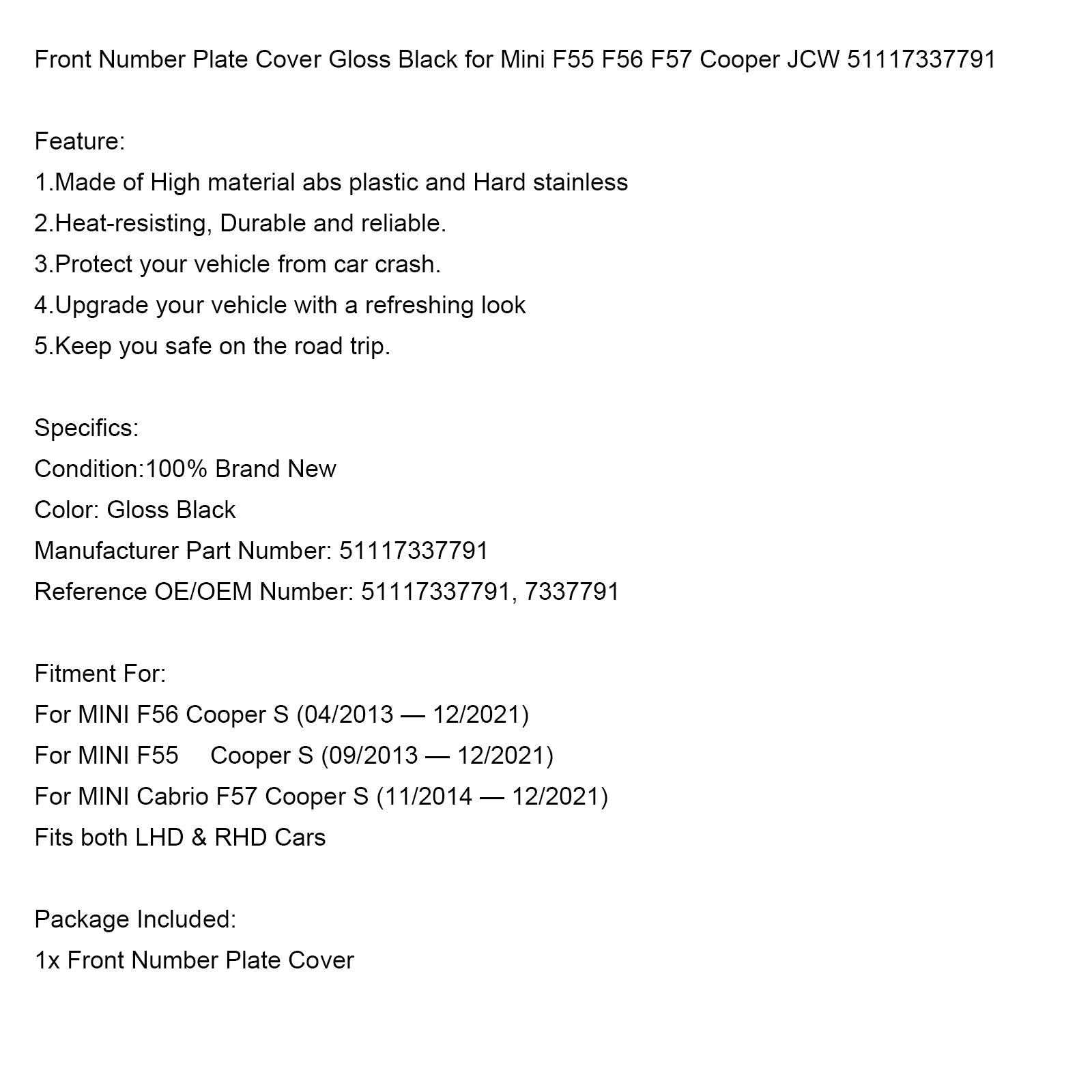 Ensemble Calandre Noire + Cache-plaque Brillant pour MINI F55 Cooper S/SD (2014-2021)