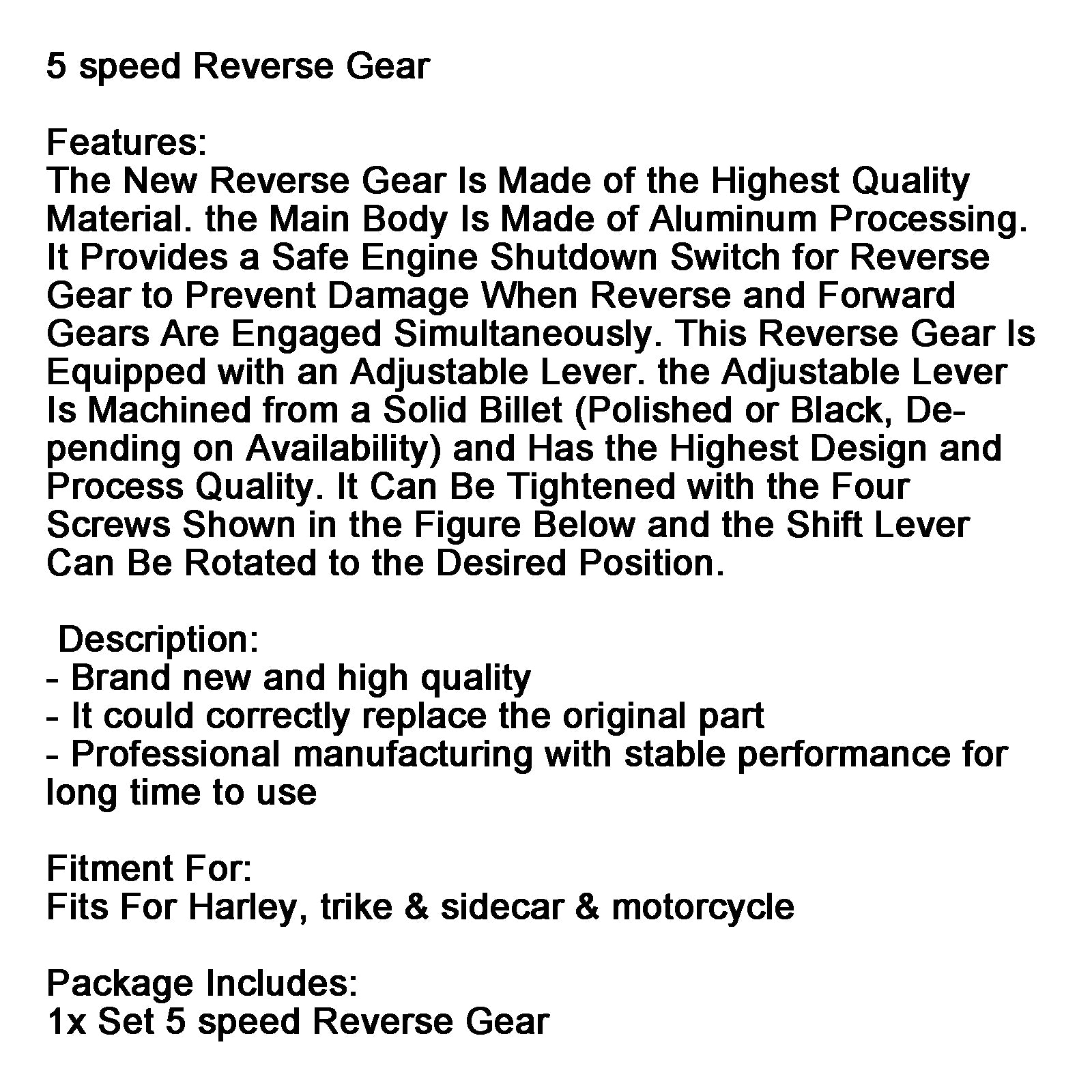Patio trasero de 5 velocidades para Moto Harley W Ticket Knob Trike Sidecar