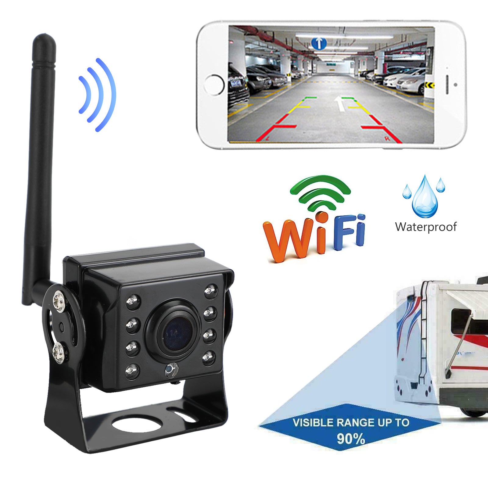 WiFi Wireless Car Truck RV Trailer Vista trasera Cámara de respaldo CCTV para iOS Android