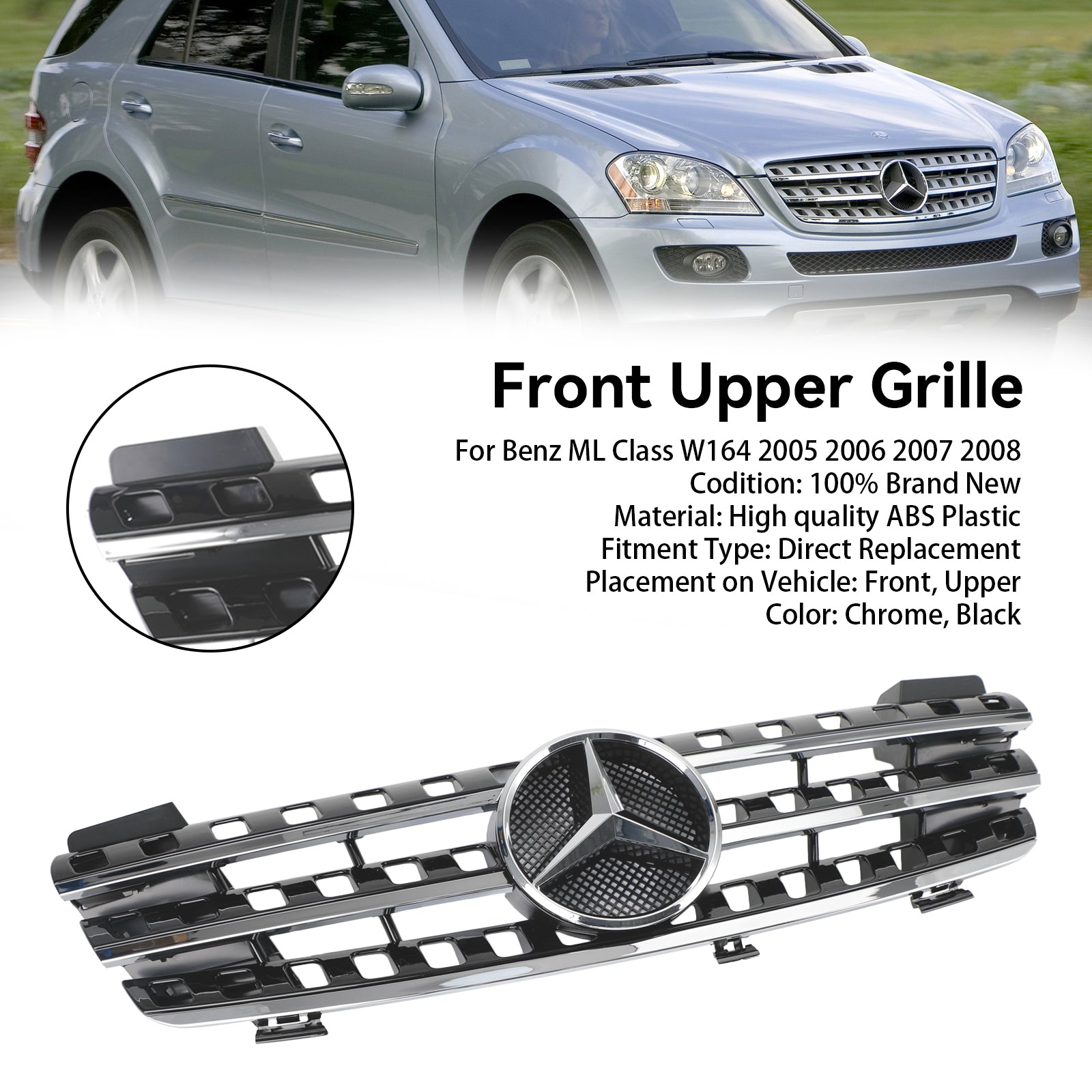 Calandre Avant Grille Compatible avec Mercedes Classe ML W164 2005-2008 Noir