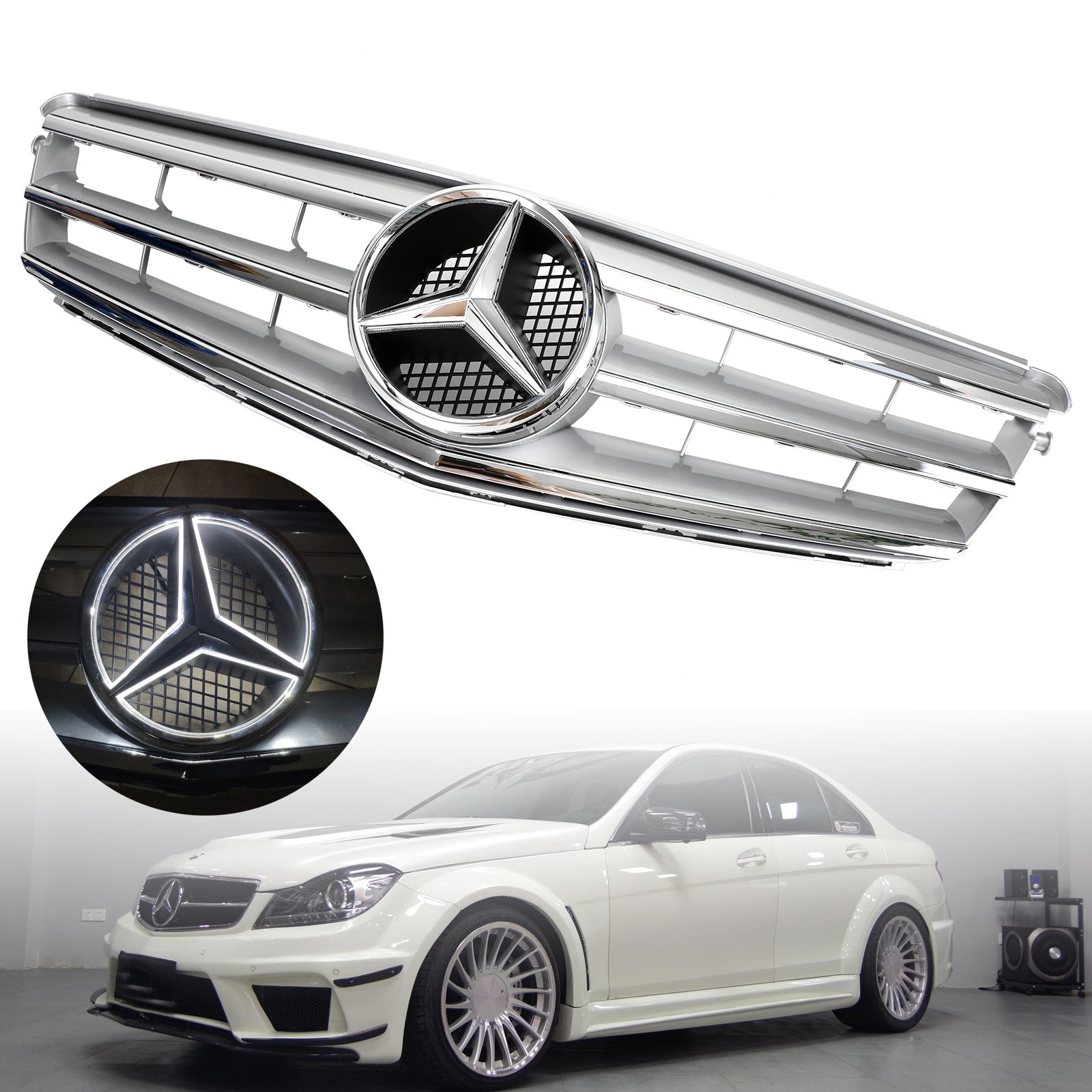 Griglia anteriore LED cromata nera per Mercedes-Benz Classe C W204 C300 C350 2008-2014