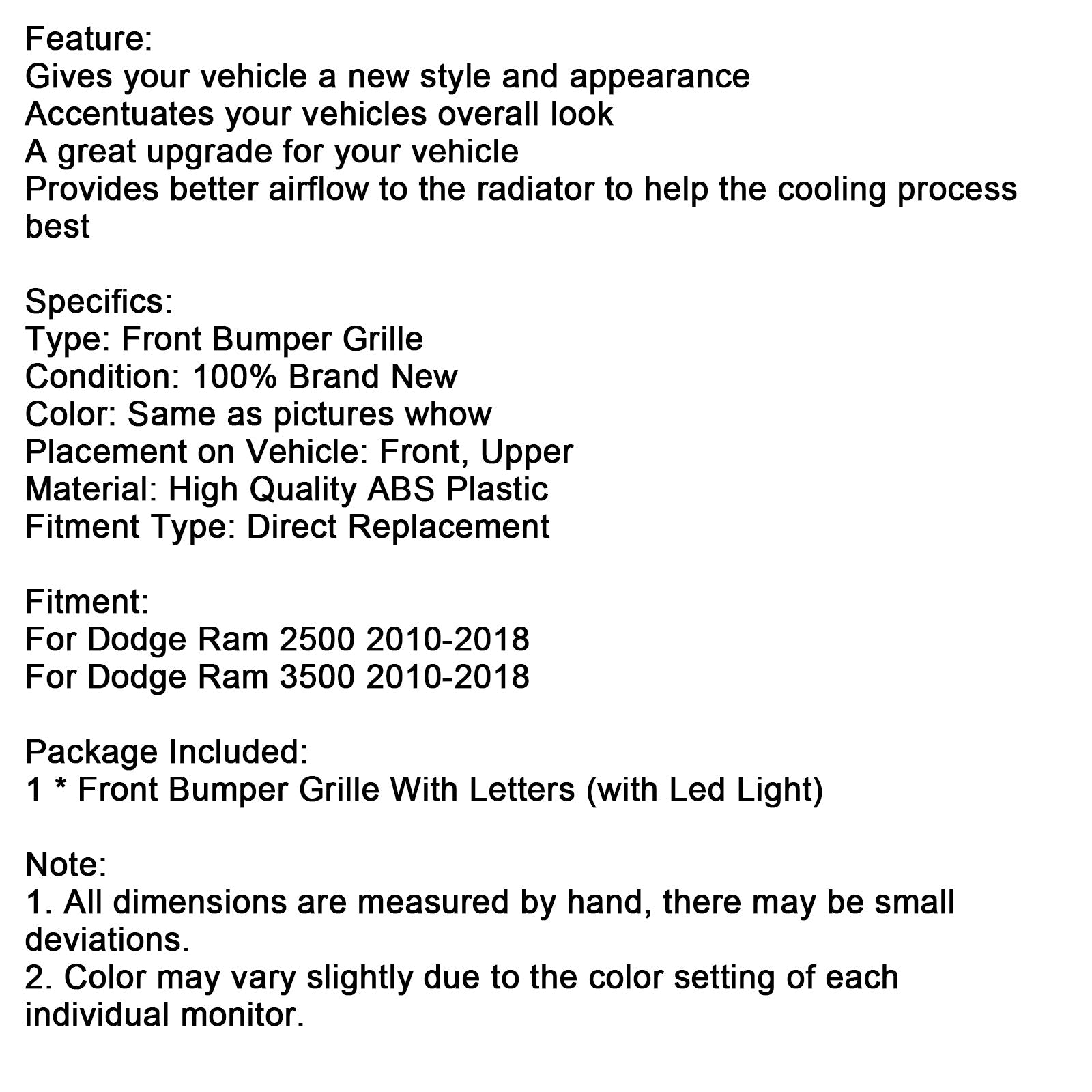 Kromirana maska ​​sprednjega odbijača z LED lučmi za Dodge Ram 2500/3500 Laramie (2010-2018).