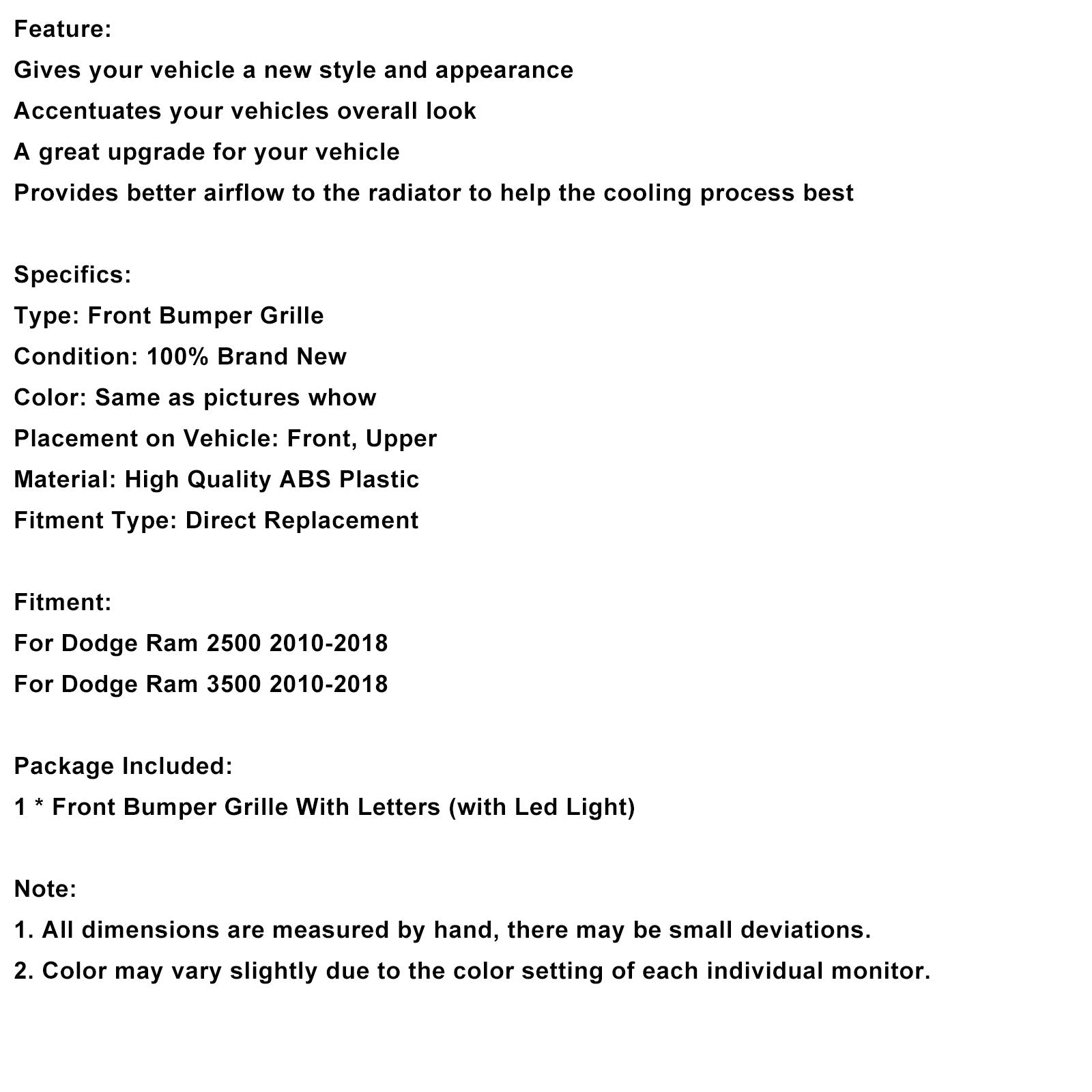 Črna maska ​​sprednjega odbijača z LED osvetlitvijo za Dodge Ram 2500/3500 Laramie (2010-2018)