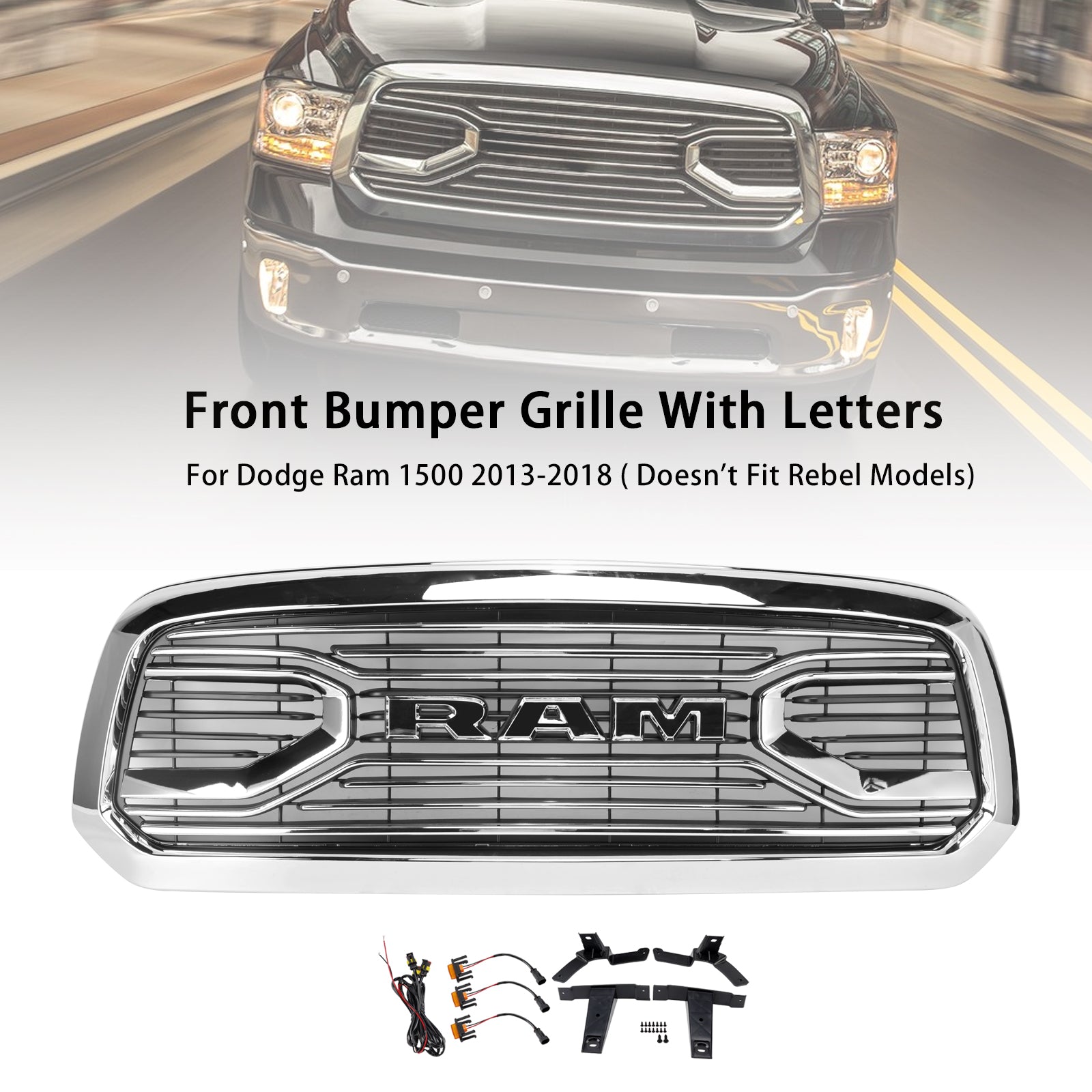 Grille de pare-chocs avant chromée style Big Horn pour Dodge Ram 1500 2013-2018