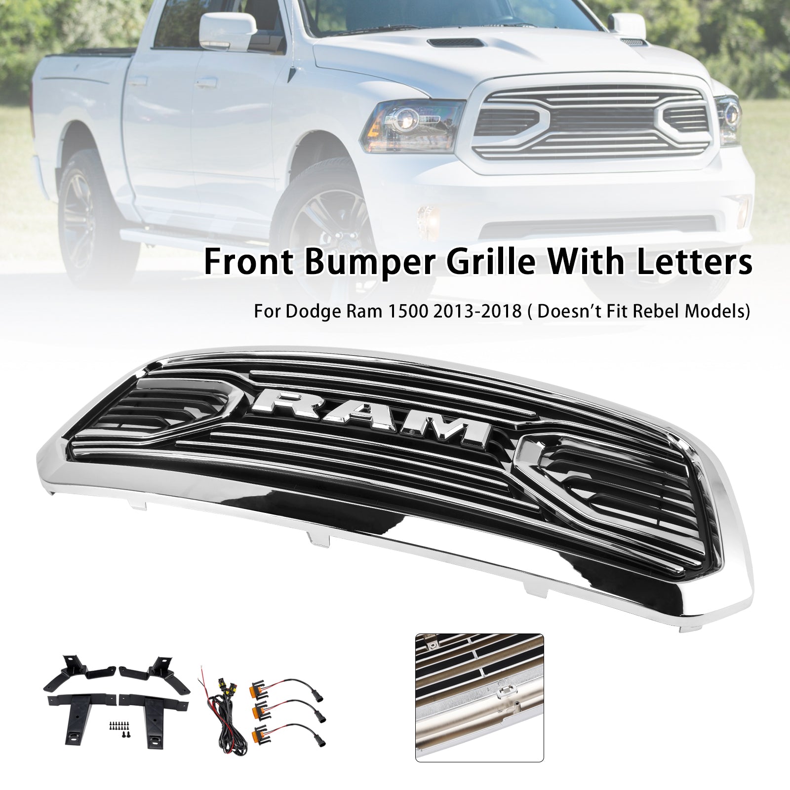 Grille de pare-chocs avant chromée style Big Horn pour Dodge Ram 1500 2013-2018