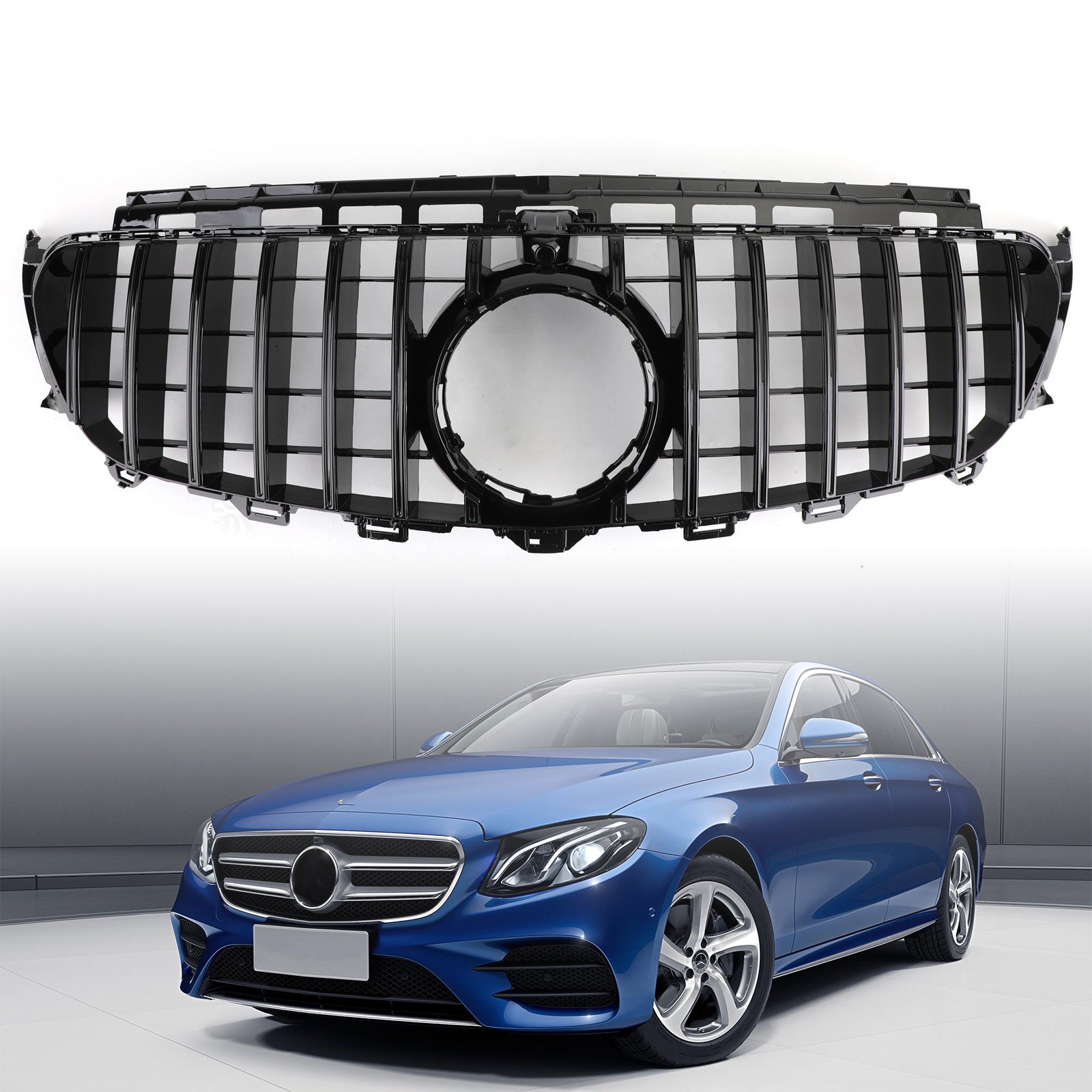 Griglia anteriore in stile GTR nera lucida per Mercedes Classe E W213 (2016-2019) con stella e emblema AMG