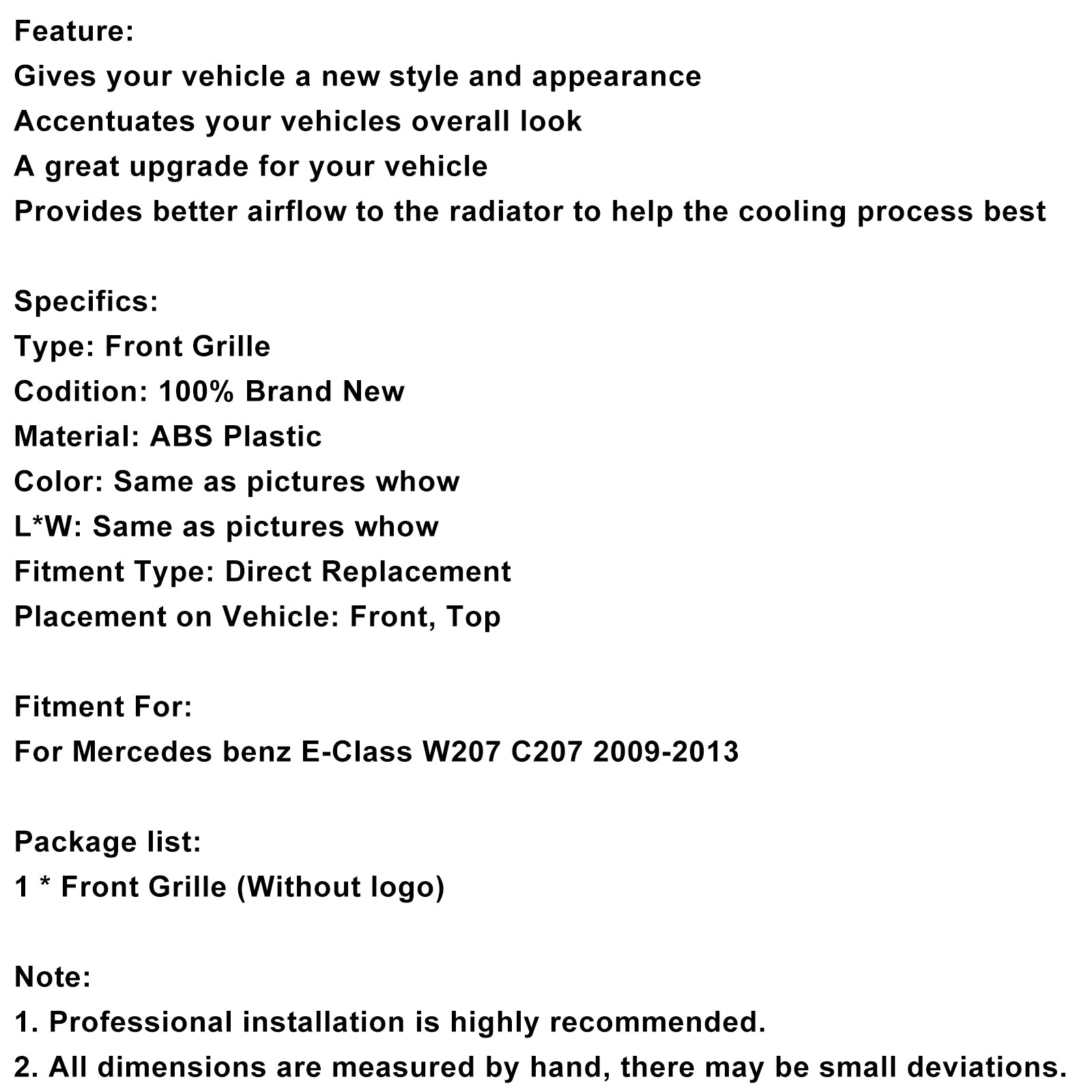 Griglia paraurti anteriore per Mercedes Classe E W207 C207 Coupé 2009-2013