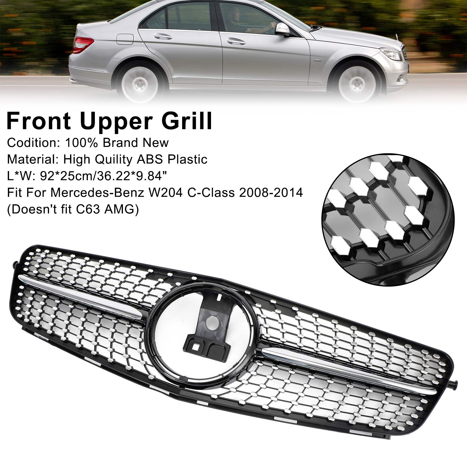 Grille de Calandre Avant Noir Chrome pour Mercedes C W204 (2008-2014) C180 C200 C250 C350