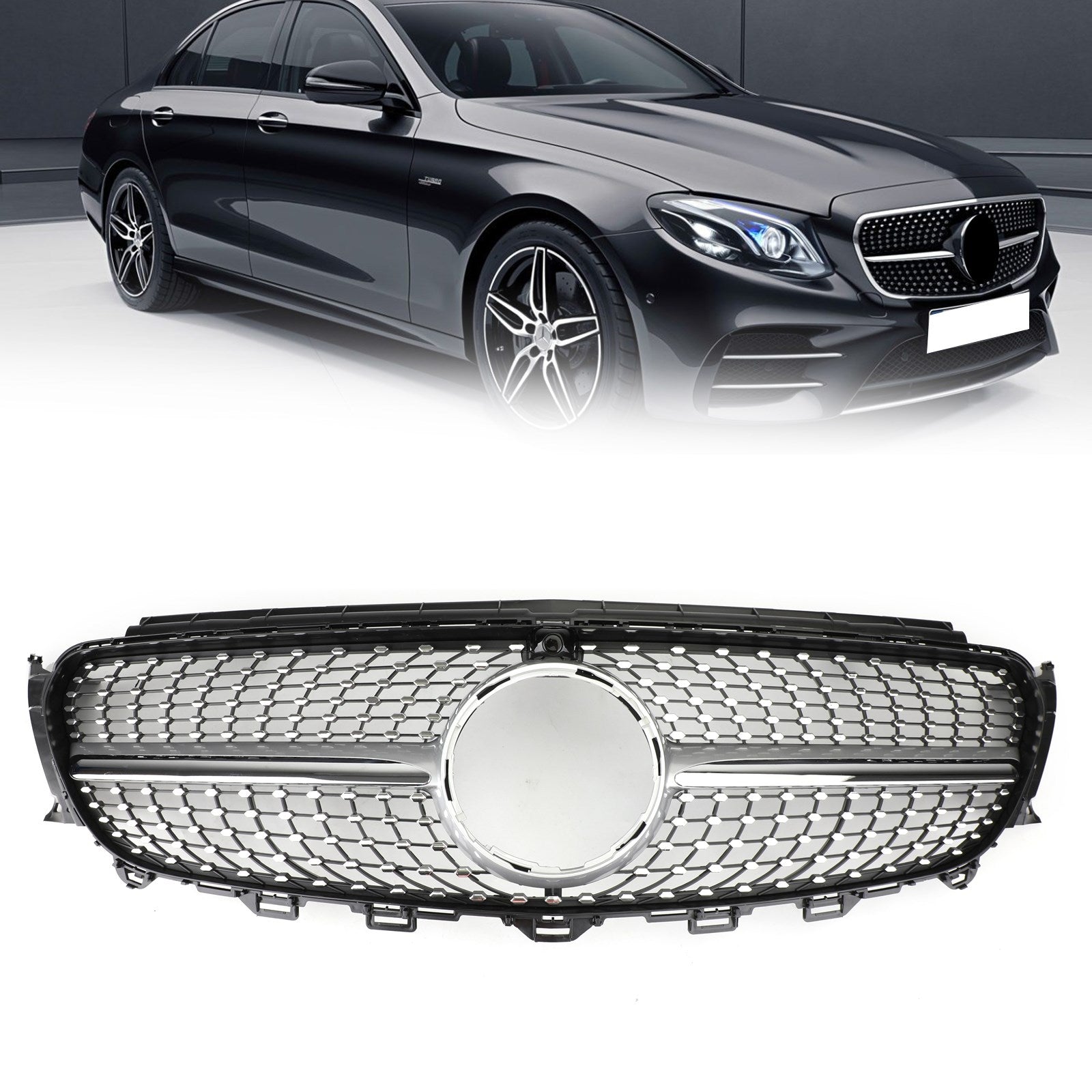 W213 Parrilla de repuesto con borde plateado diamante para Mercedes Benz E300 E400 (2016-2019)