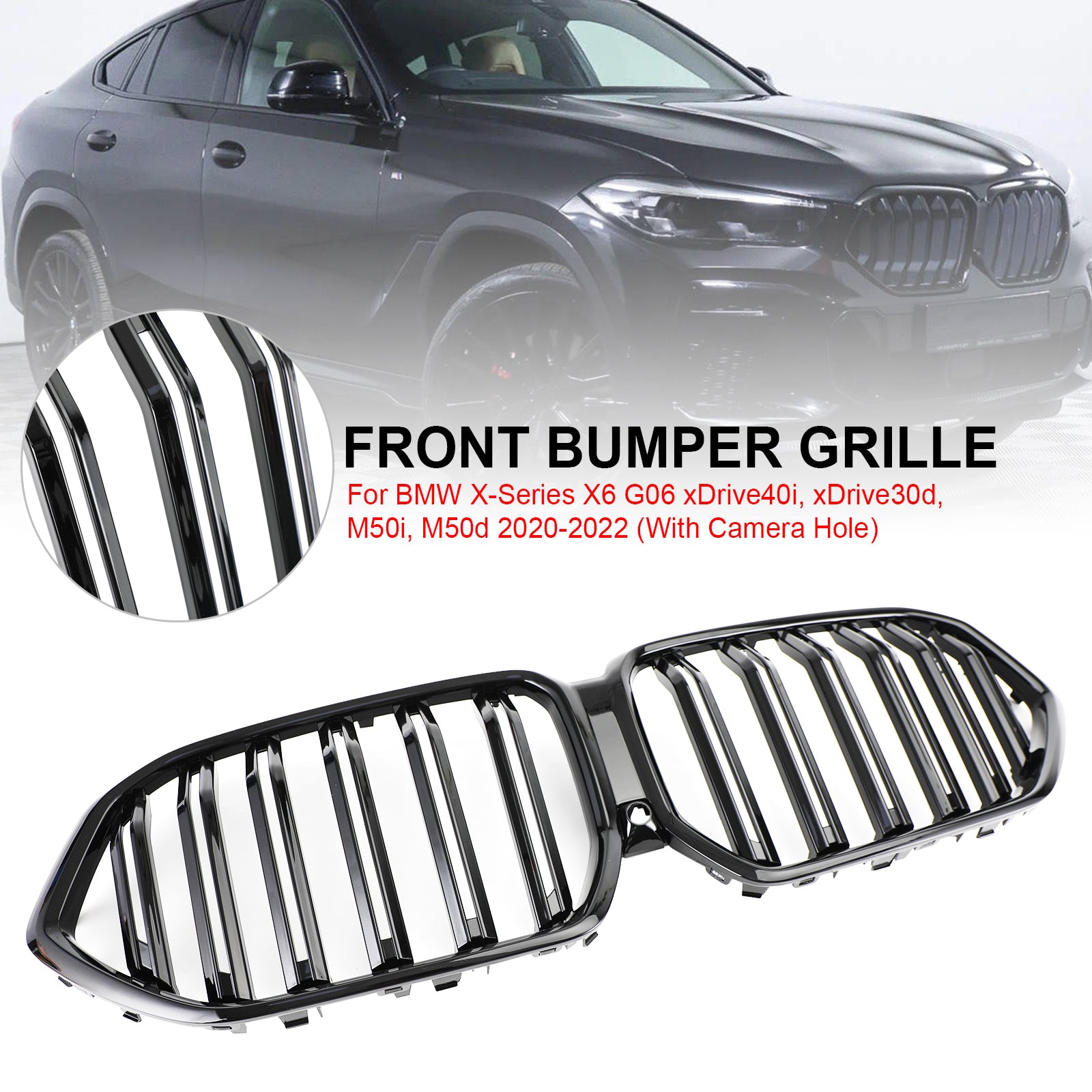 2020-2022 BMW X6 G06 M50i avec trou de caméra Grille de pare-chocs avant Noir