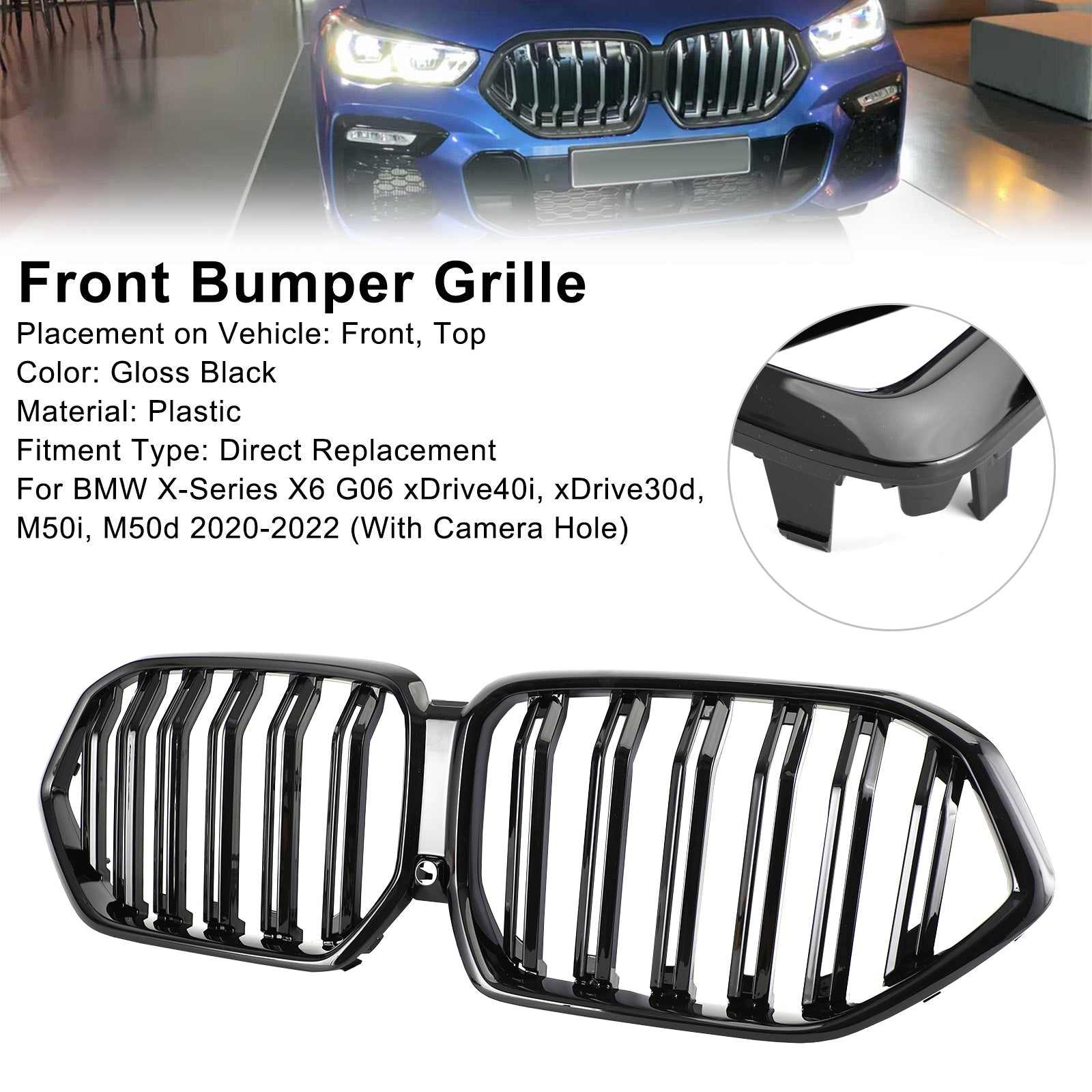 2020-2022 BMW X6 G06 M50i avec trou de caméra Grille de pare-chocs avant Noir