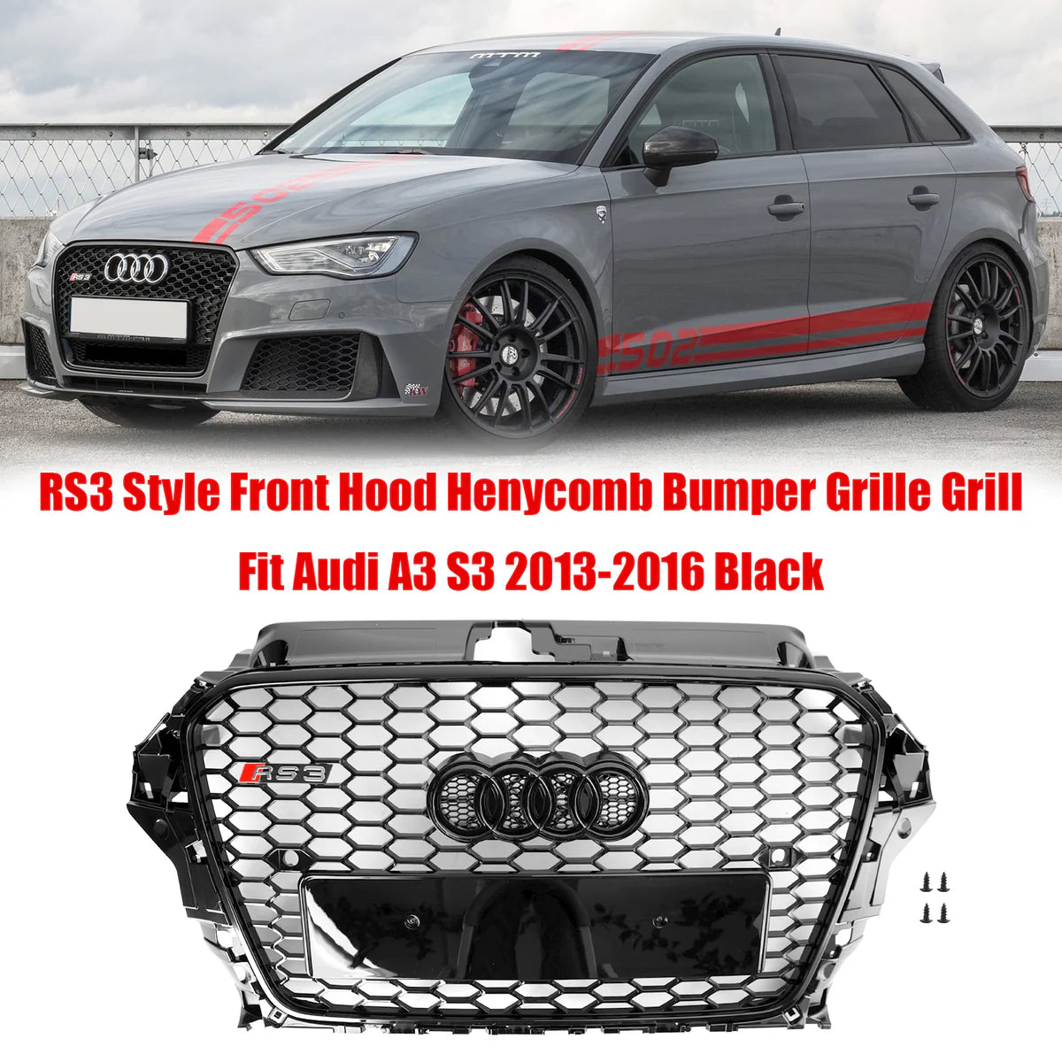 RS3 Style Audi A3 S3 2013-2016 Capot avant Henycomb Grille de pare-chocs Noir